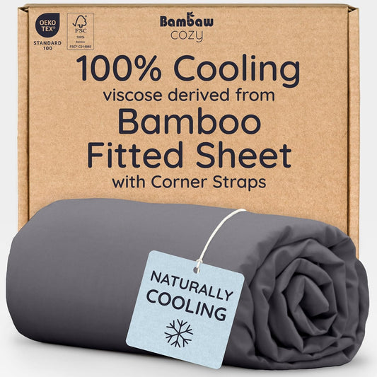 Bambaw 100% Viscose Derived from Bamboo Queen Size Fitted Sheet, Cooling, Deep Pocket, Corner Straps, Charcoal