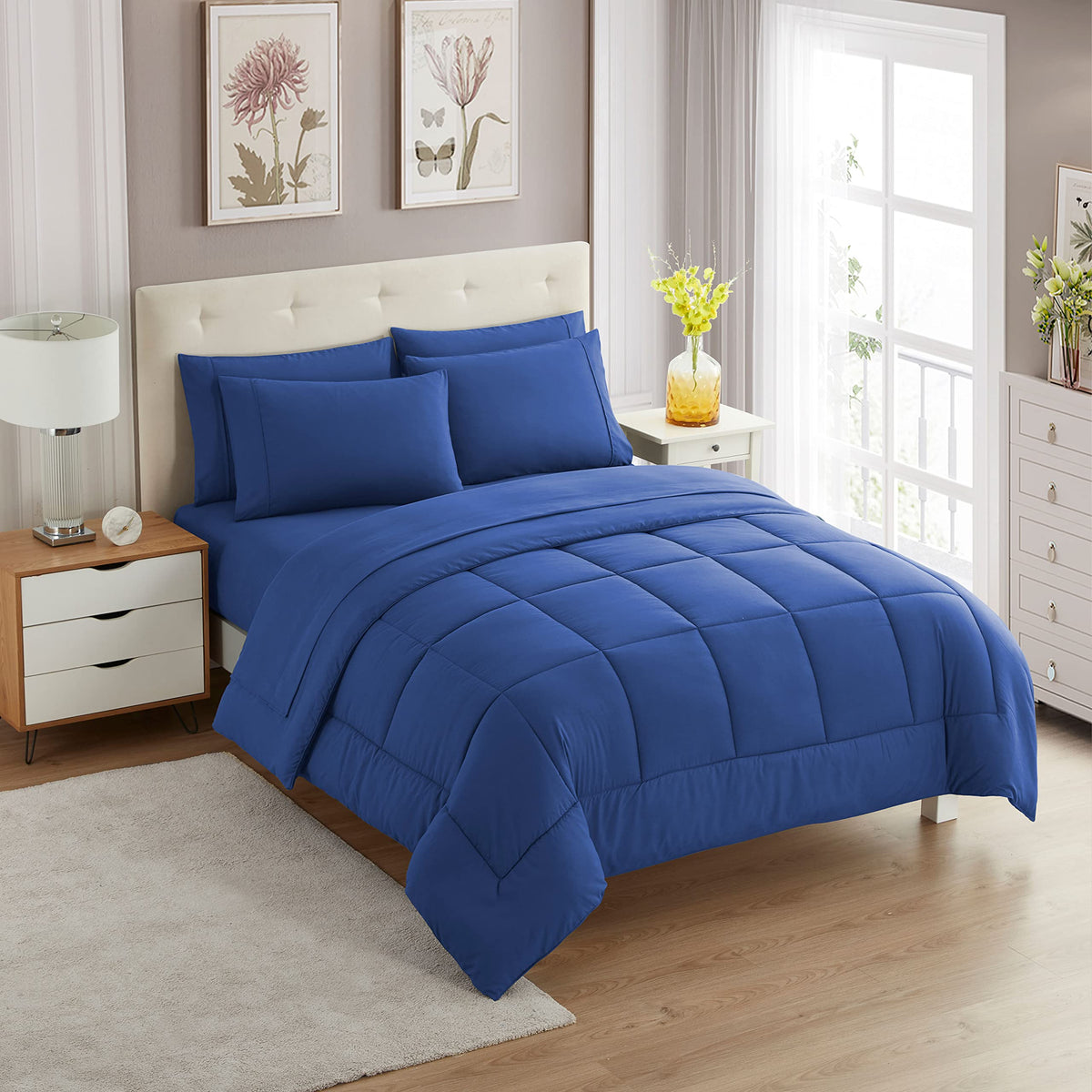 Sweet Home Collection 5 Piece Comforter Set Bag Solid Color All Season Soft Down Alternative Blanket & Luxurious Microfiber Bed Sheets, Navy, Twin
