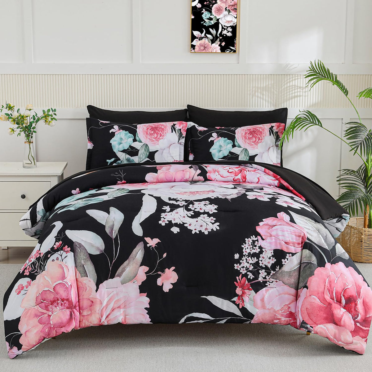 Yogeneg 7 Piece Bed in a Bag Queen Comforter Set Botanical Floral Bedding Set,White Flowers Leaves Printed on Black Reversible Design,Soft Microfiber Comforter with Sheet Set,All Season
