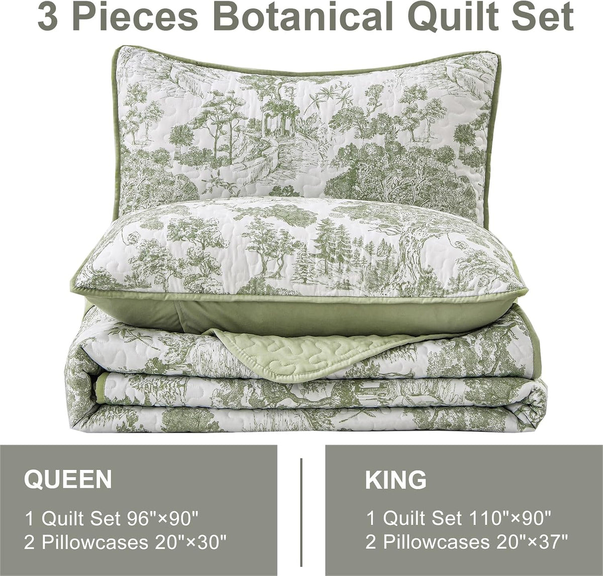 WONGS BEDDING Sage Green Quilt Set Queen Size, Botanical Floral Bedspread