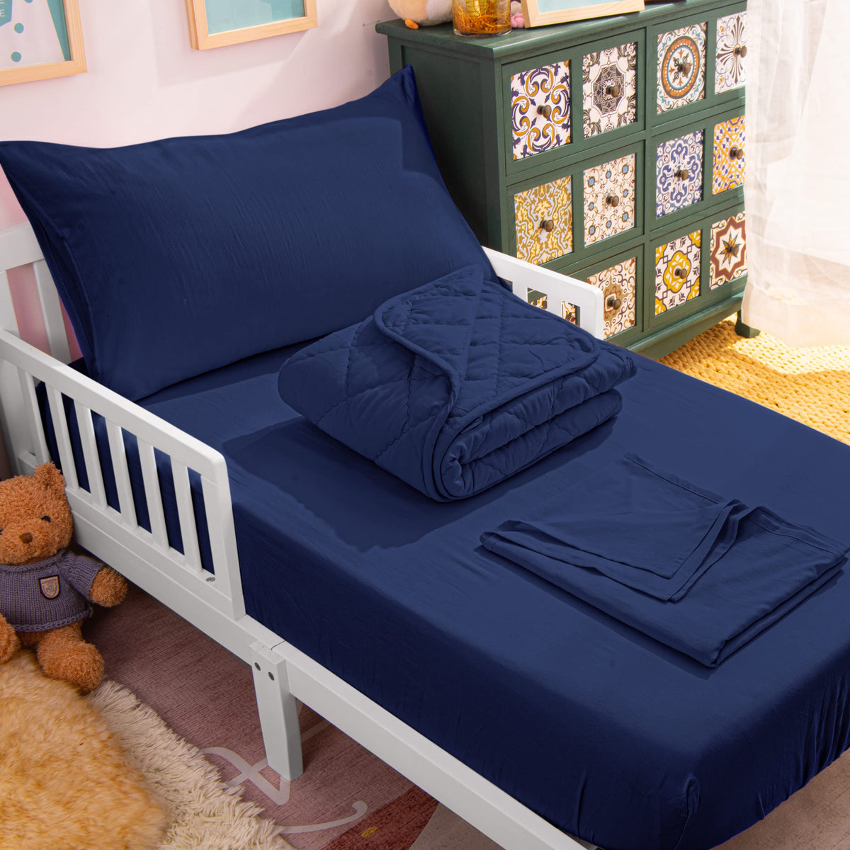 NTBAY Toddler Microfiber Bedding Set, 4 Piece, Navy Blue