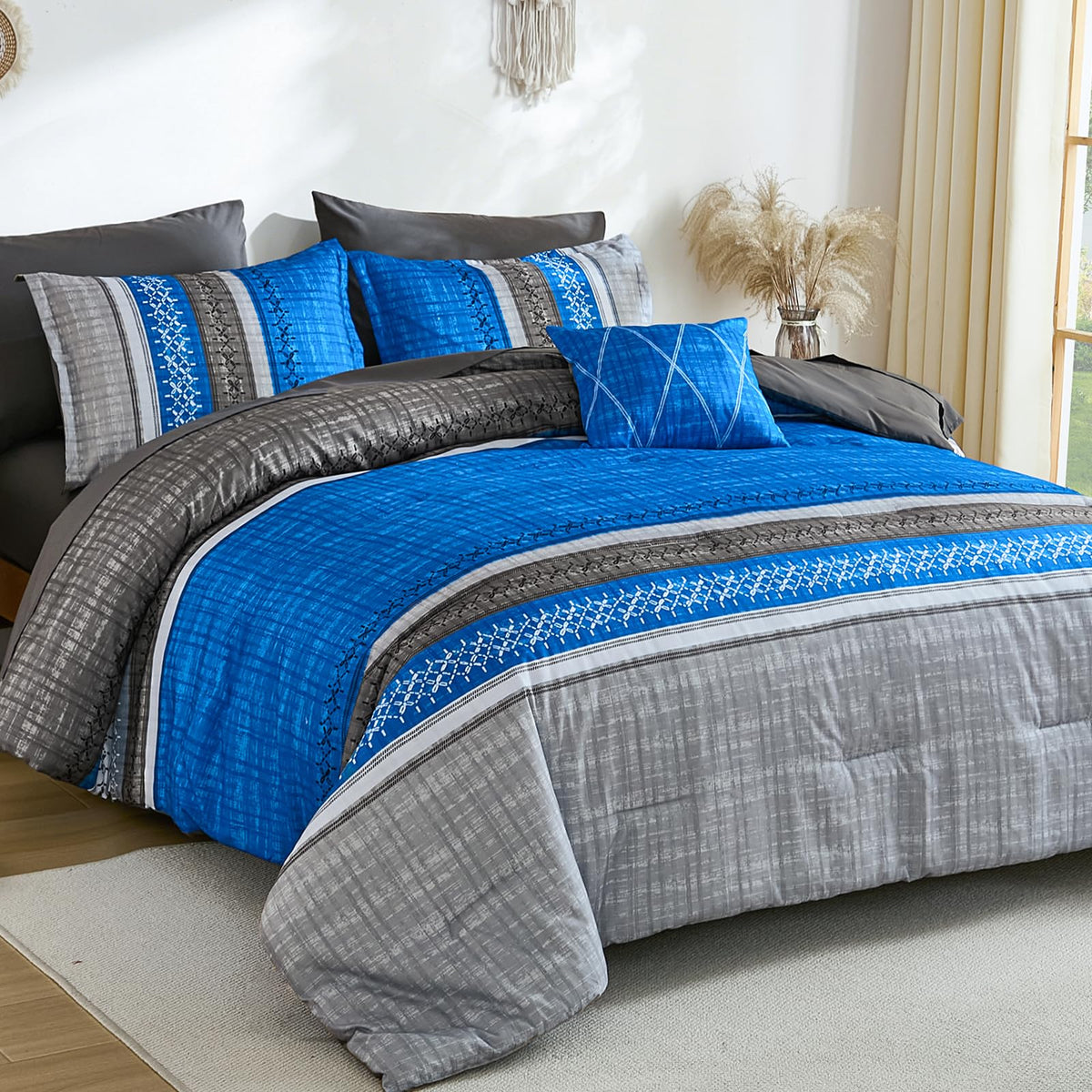 Dintszyayue Sage Green King Comforter Size Set, 8 Pieces Striped Boho Texture Bed in a Bag Sets, Lightweight Soft Bohemian Comforter and Sheet Set, All Season Microfiber Bedding Sets for Men Women