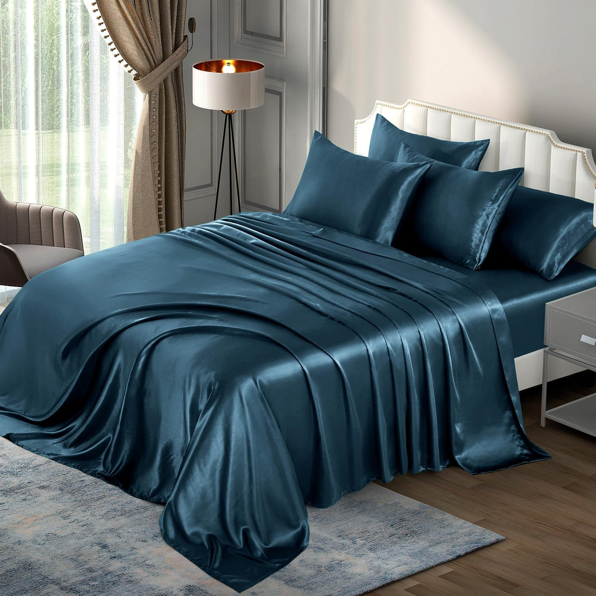 P Pothuiny Satin Sheets Set, Queen (6 Pieces, Taupe) - Luxury Soft Bed Linen Set with 1 Fitted Sheet, 1 Flat Sheet, 4 Pillowcases