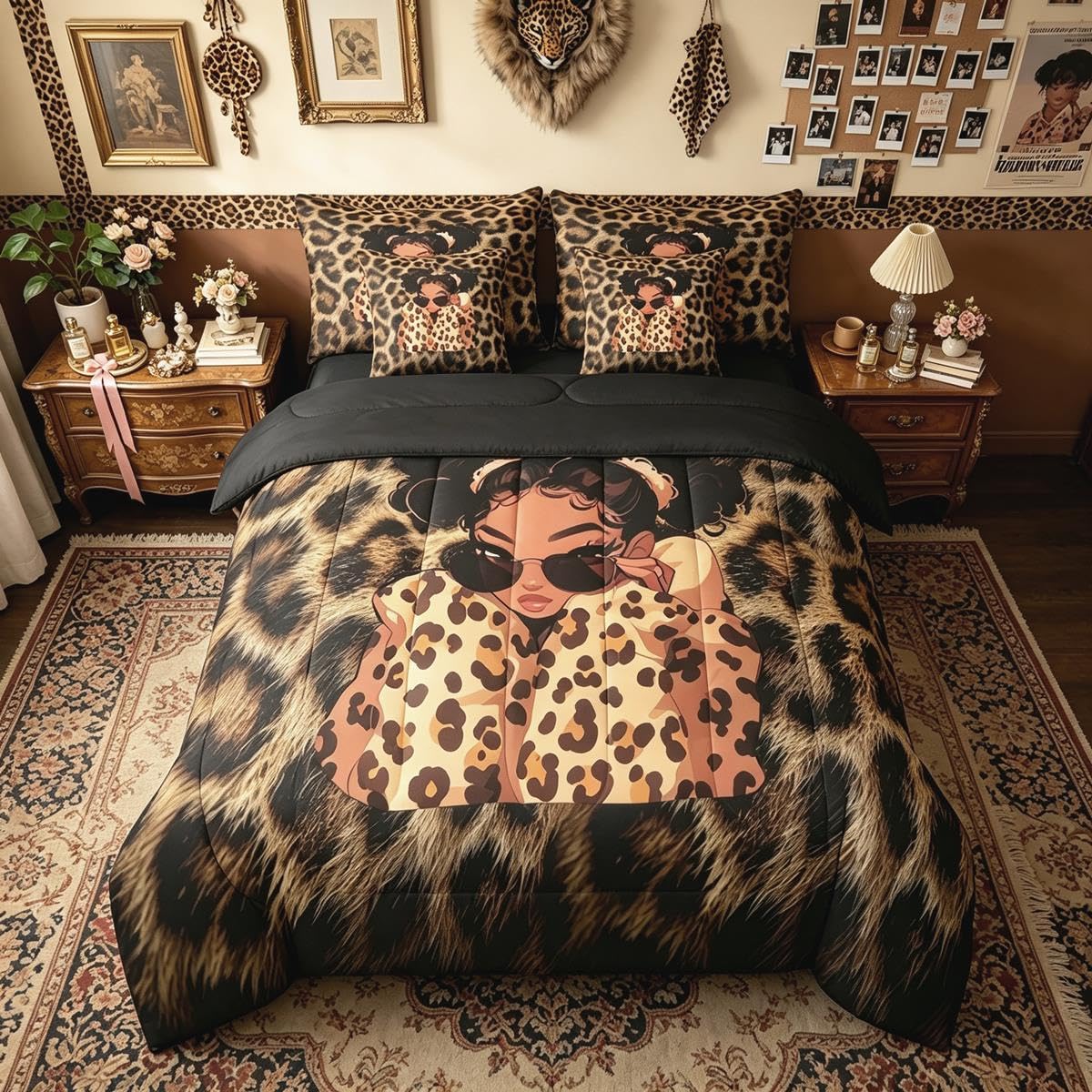 Erosebridal Leopard Print 7 Piece Bedding Set Full Cheetah Decor Comforter Set with Sheets Geometric Modern Bed in A Bag African Safari Animal Bed Sets with 2 Pillowcases, 2 Pillow Covers Lightweight