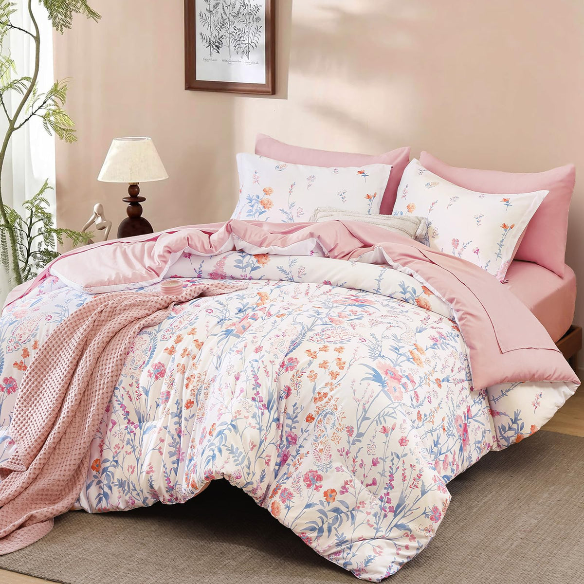 7 Piece Floral Full Size Comforter Set,Burnt Orange Cute Bedding for Girls