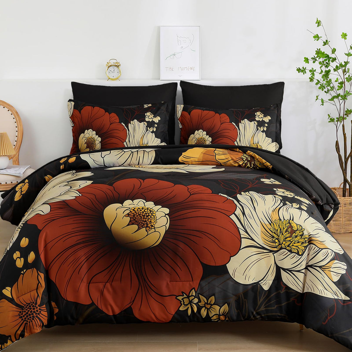 Xruibed Black Comforter Set King Size 7 Pieces Leaf Bed in a Bag Set