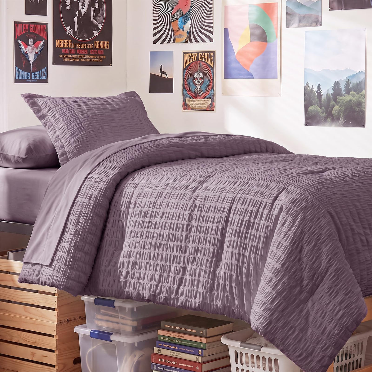 CozyLux Queen Comforter Set, 7 Pieces Beige Seersucker Bed in a Bag