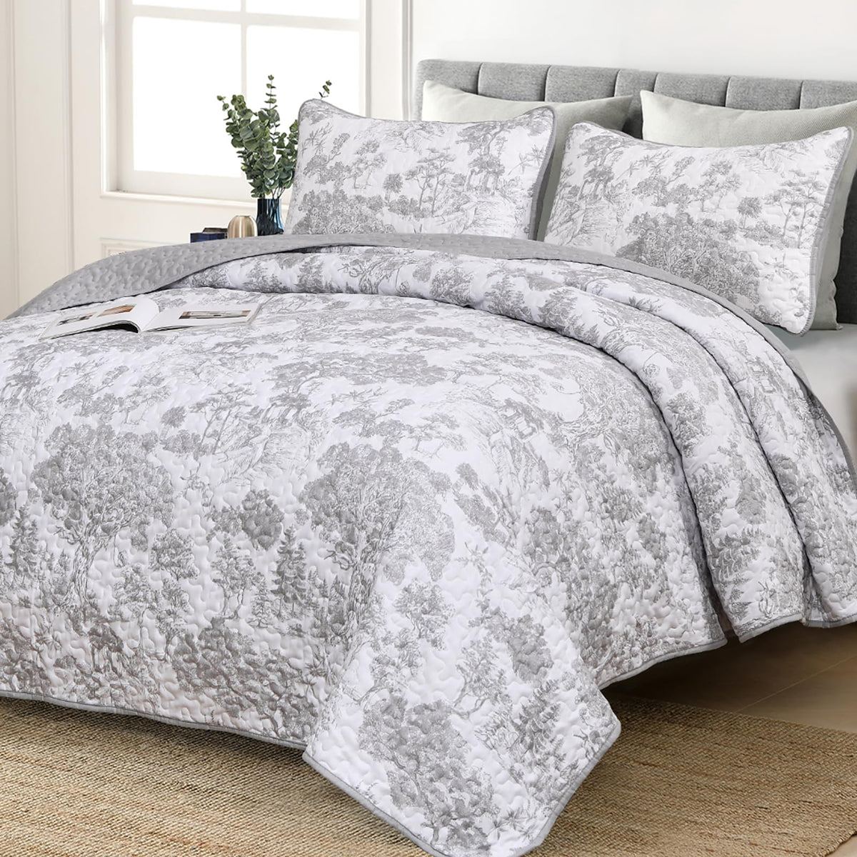 WONGS BEDDING Sage Green Quilt Set Queen Size, Botanical Floral Bedspread
