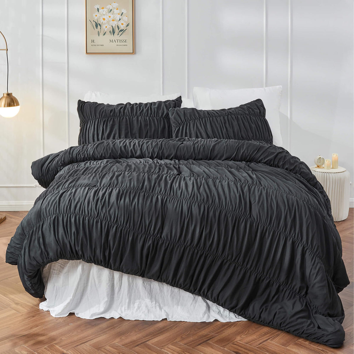 Bonlino Wheat Ruched Comforter Set Queen Size Ruffle Comforter Bedding