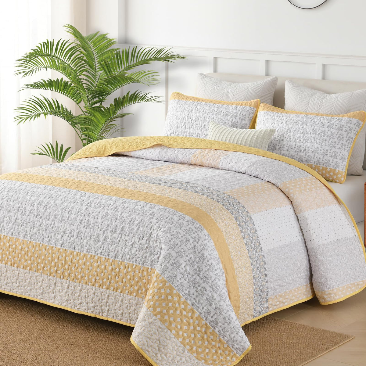WONGS BEDDING Beige Quilt Queen Size, Boho Striped Bedspread