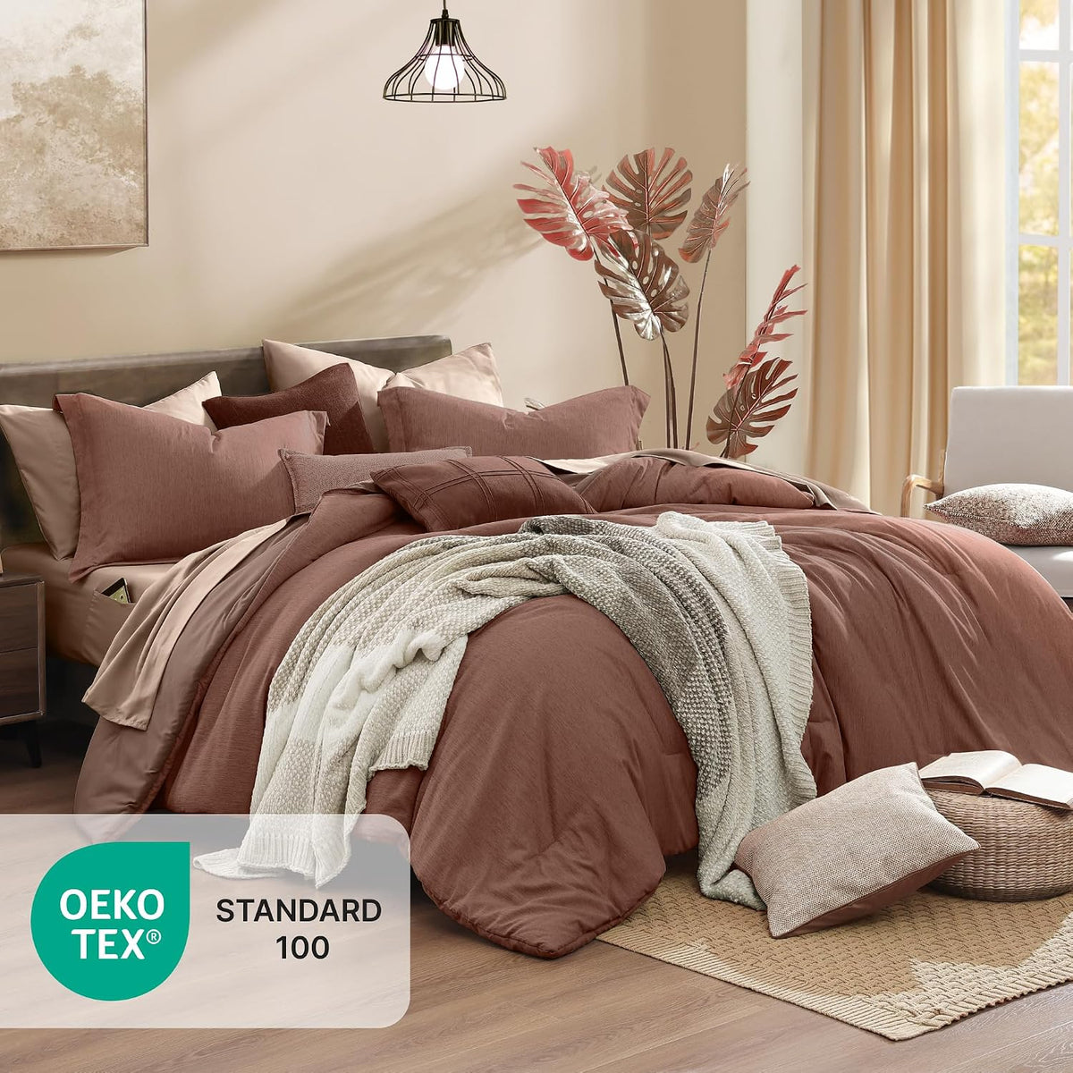 Monbix Queen Comforter Set 7 Pieces Terracotta Cationic Dyeing Bed in a Bag