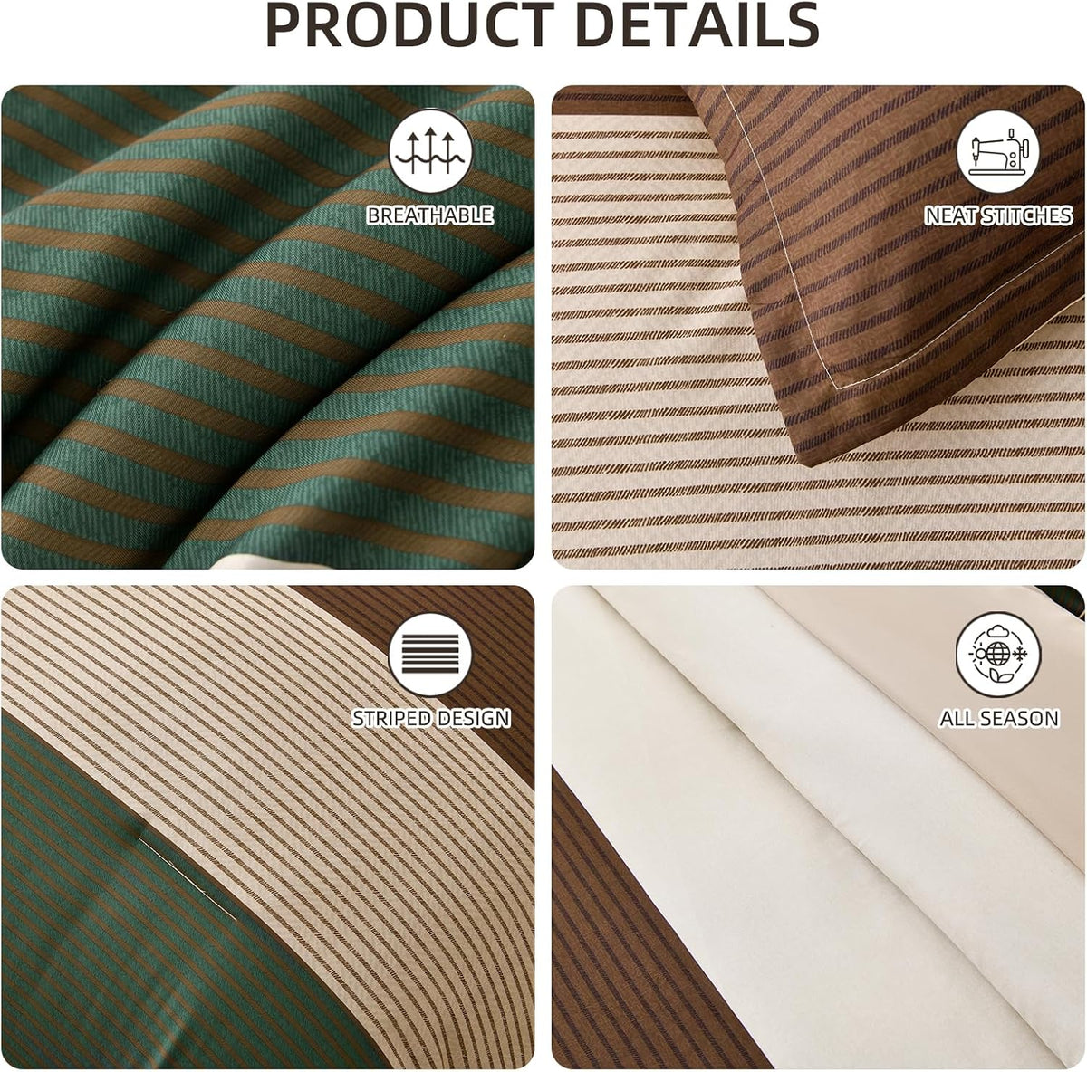 Anibedding Striped Comforter Set Queen Size, Boho Brown Green Striped Bedding Comforter Set 7 Piece Bed in a Bag, Soft Microfiber Down Alternative Farmhouse Bedding Set for All Season(90"x90")