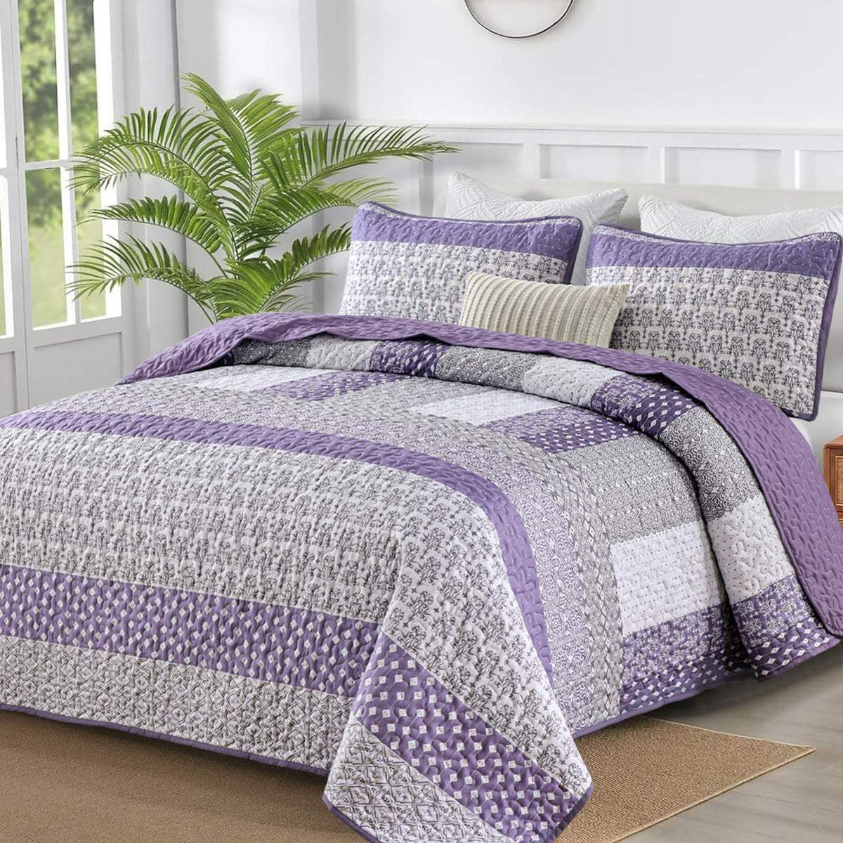 WONGS BEDDING Beige Quilt Queen Size, Boho Striped Bedspread
