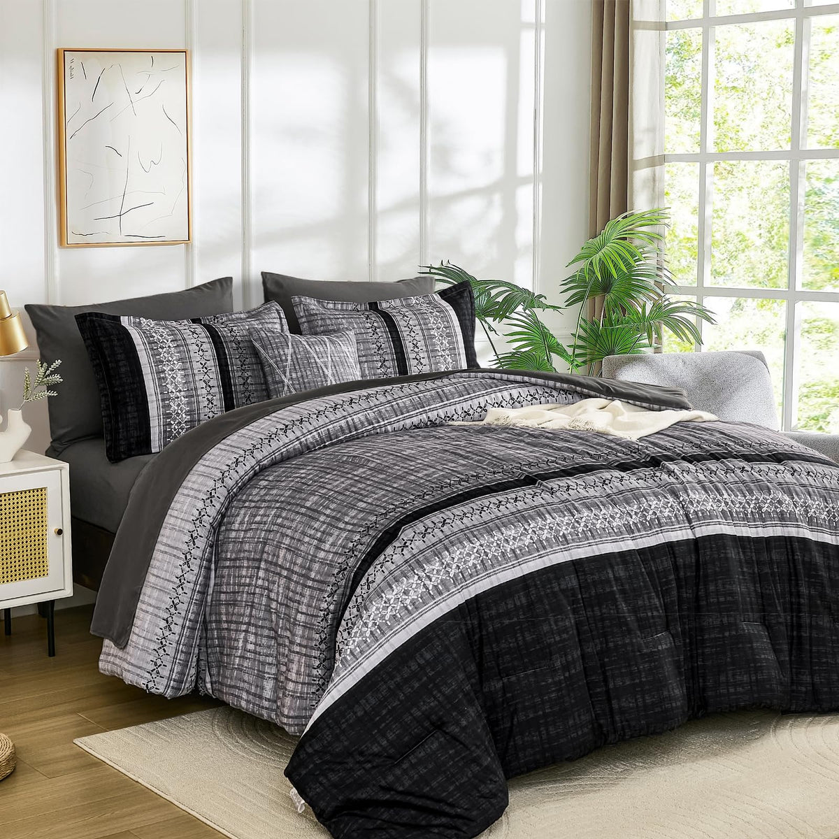 Dintszyayue Sage Green King Comforter Size Set, 8 Pieces Striped Boho Texture Bed in a Bag Sets, Lightweight Soft Bohemian Comforter and Sheet Set, All Season Microfiber Bedding Sets for Men Women