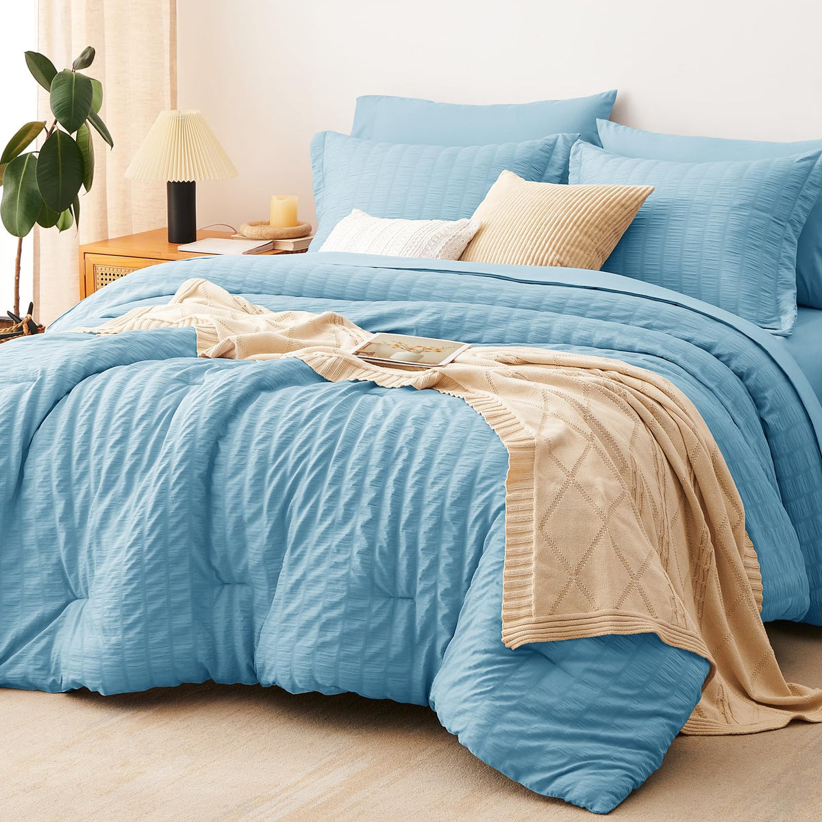 CozyLux Queen Comforter Set, 7 Pieces Beige Seersucker Bed in a Bag
