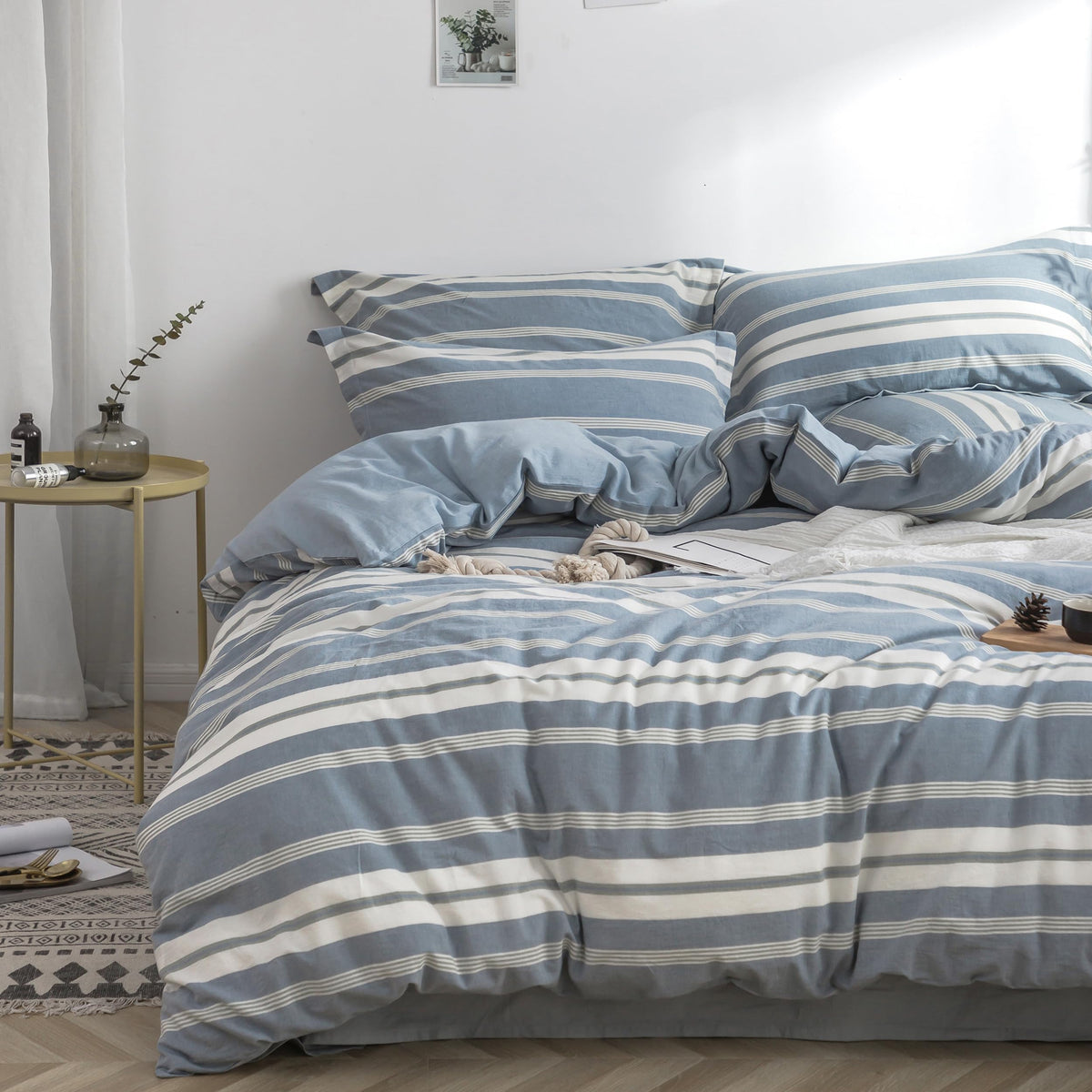 BISELINA 100% Washed Cotton Duvet Cover Set 3pcs with Bowknot Ties Strap Solid Color Linen Like Textured Durable Breathable Soft Comfy Chic Bedding (Twin, Cornflower Blue)