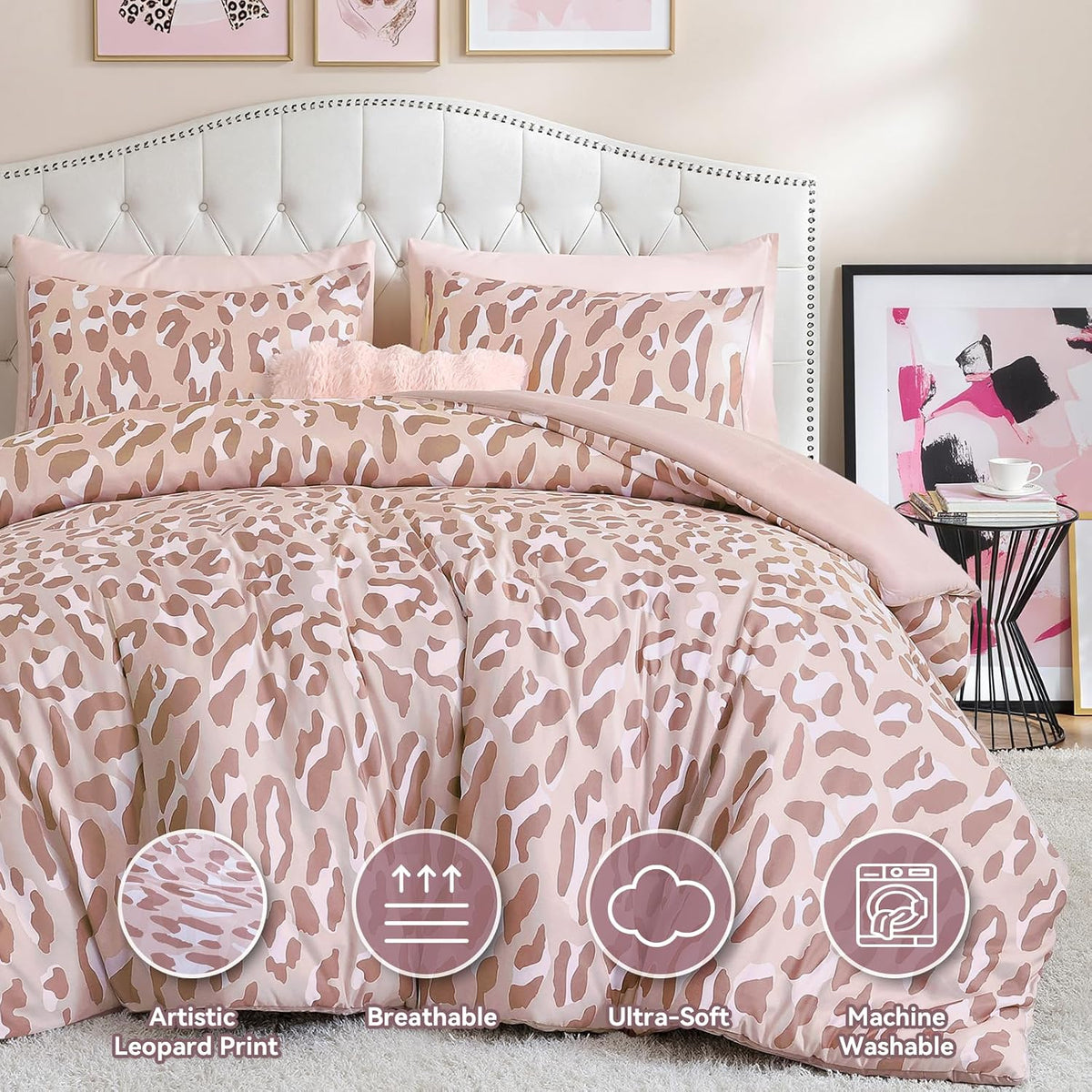 Cheetah Print Comforter Set Queen, Luxury Leopard Print Bedding, Blush