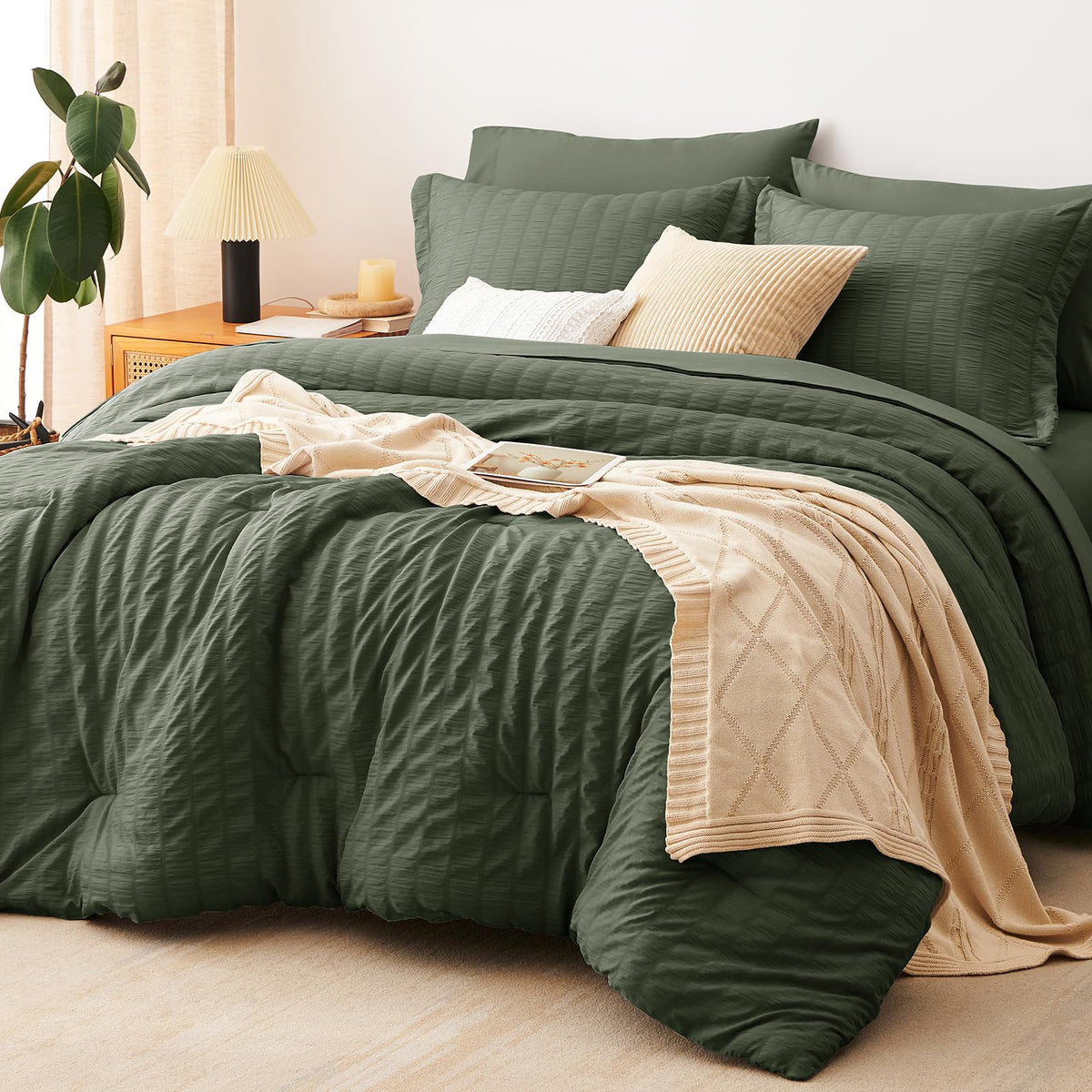 CozyLux Queen Comforter Set, 7 Pieces Beige Seersucker Bed in a Bag
