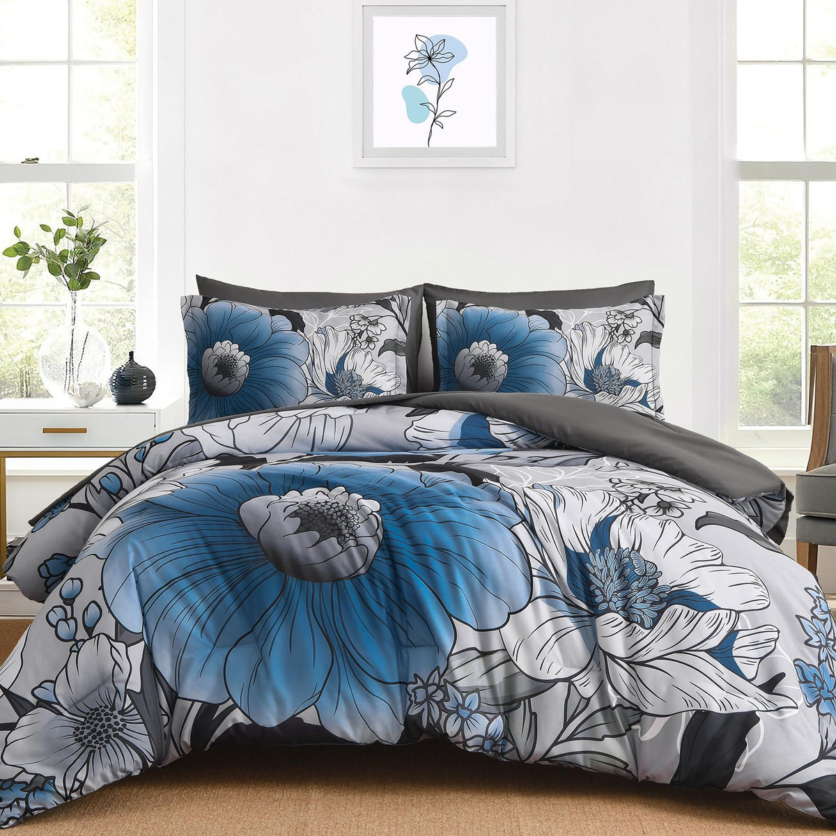 Xruibed Black Comforter Set King Size 7 Pieces Leaf Bed in a Bag Set