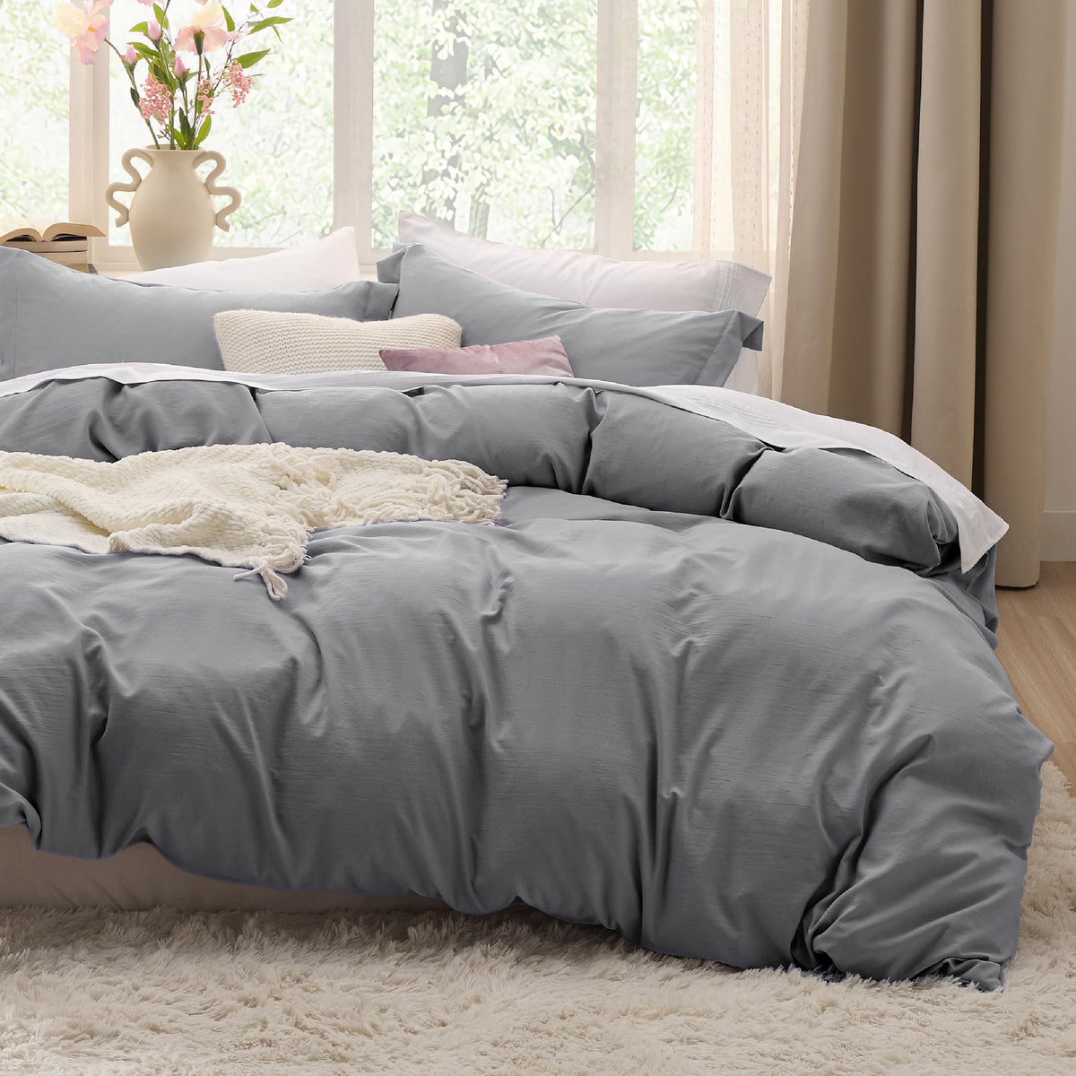 Bedsure Prewashed Duvet Cover Queen, Cotton-Like Soft Bedding Set, Beige