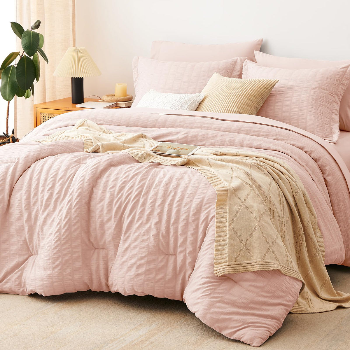 CozyLux Queen Comforter Set, 7 Pieces Beige Seersucker Bed in a Bag