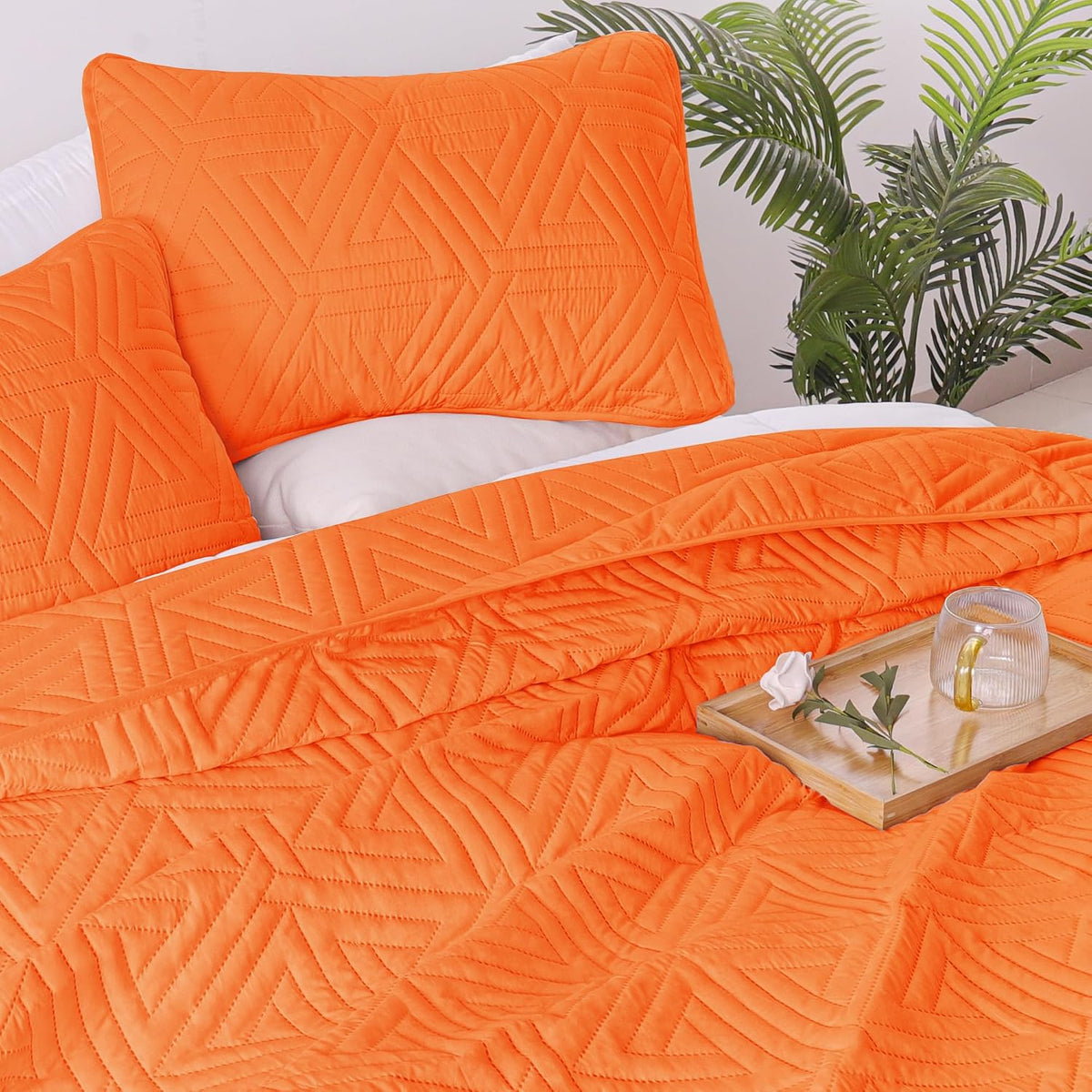 Whale Flotilla Soft Geometric Twin Quilt Set for All Seasons, Orange