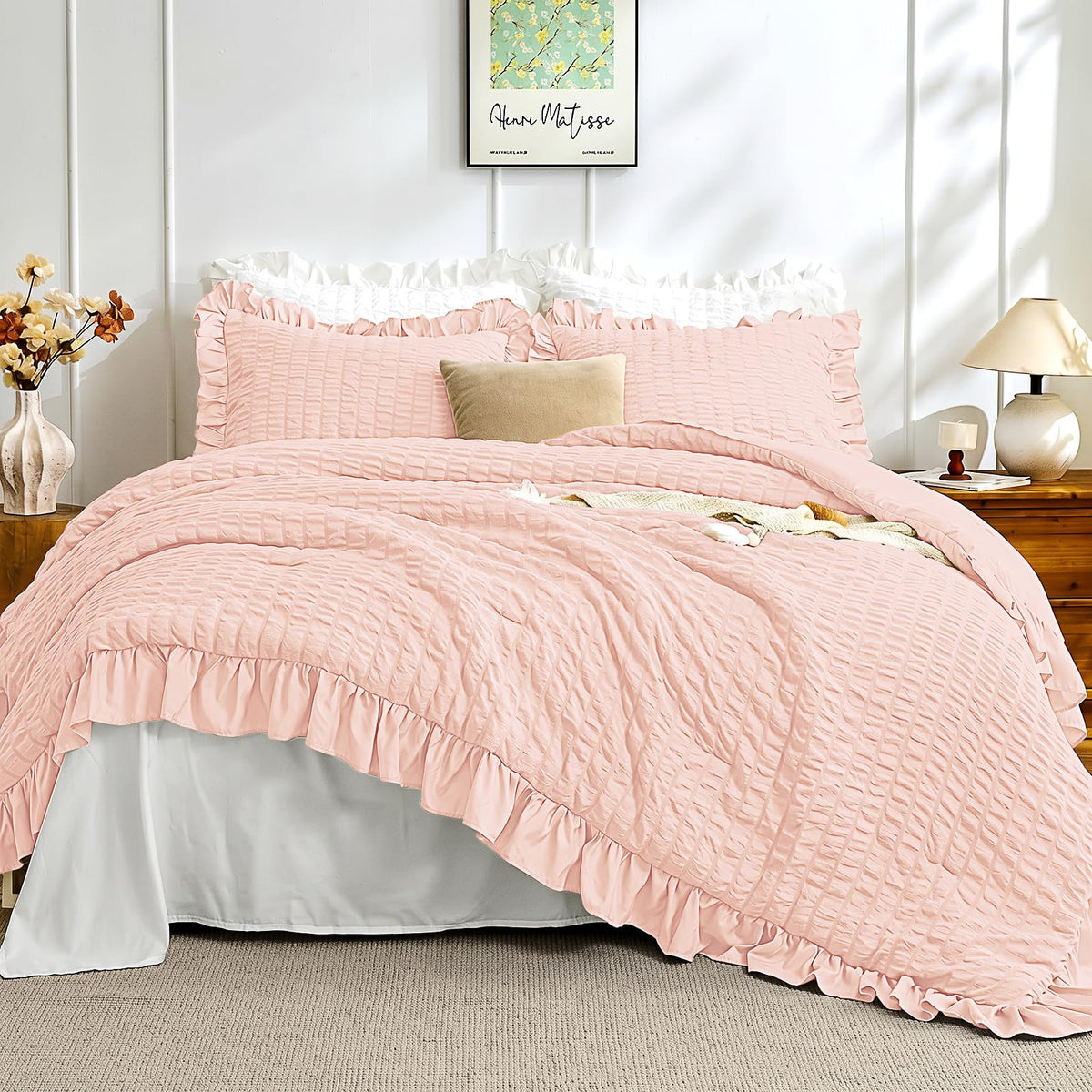 JOLLYVOGUE Ivory Comforter Full Size, 3 Pieces Seersucker Lightweight Full Size Bedding, All Season Fluffy Microfiber Bedding Comforter Set with 1 Ruffle Comforter and 2 Ruffle Pillowshams