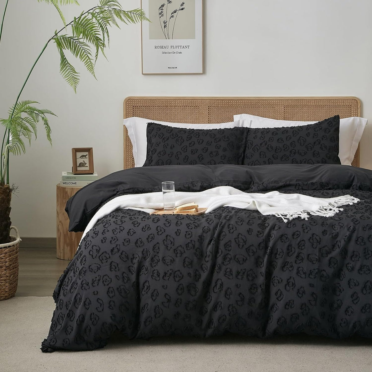 Tufted Black Leopard Duvet Cover King Size, 2 Pillow Shams, No Comforter