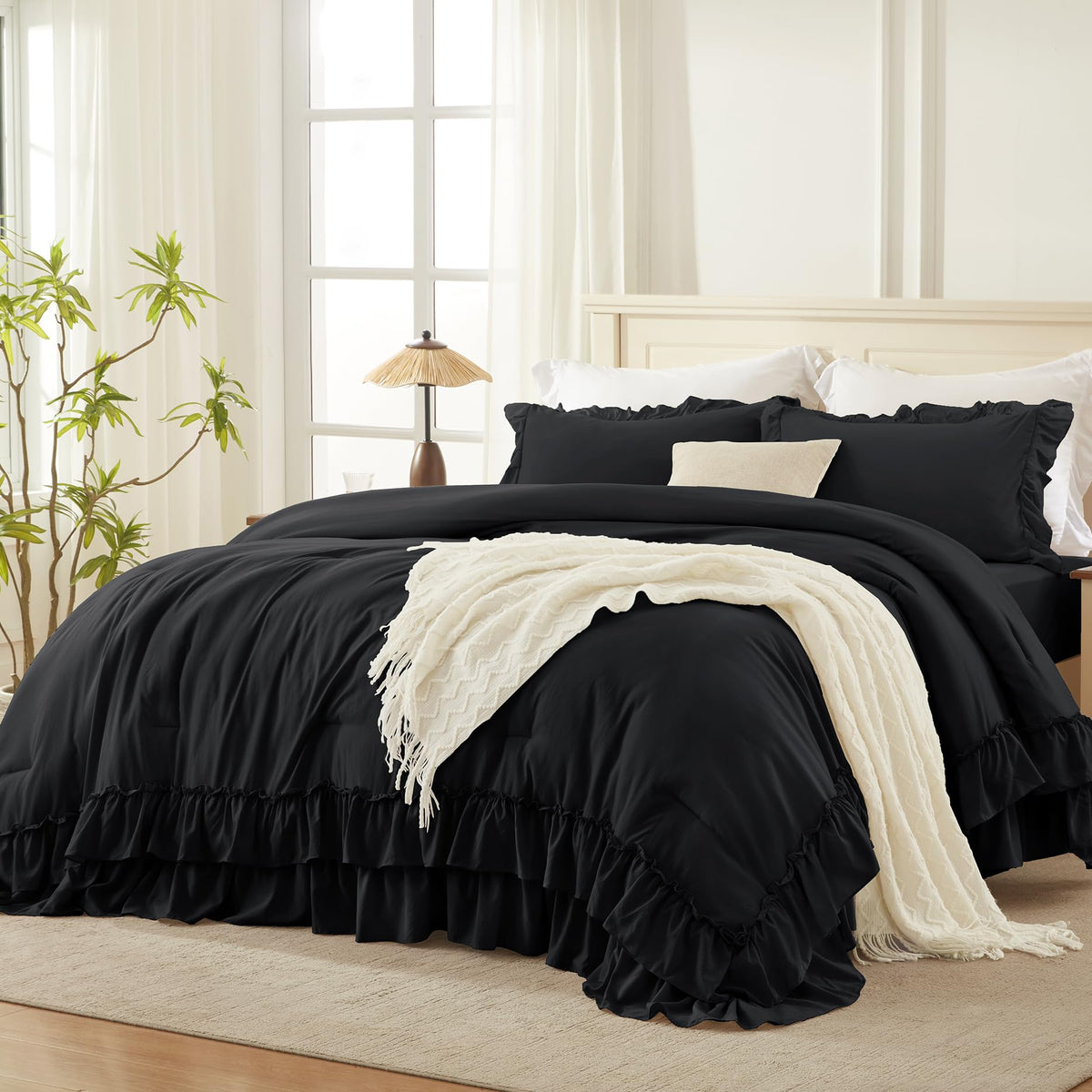 Andency Beige Ruffle Full Size Comforter Set, 3 Pieces