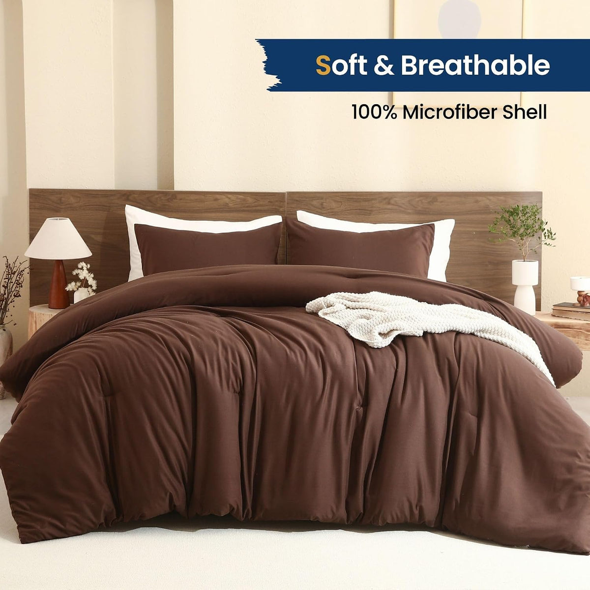 Paxrac Earthy Brown Comforter Full Size, Neutral 3 Pieces Comforter Set, Lightweight Solid Bedding Set, All Seasons Soft Fluffy Full Comforter Set (80x90In Comforter & 2 Pillowcases)