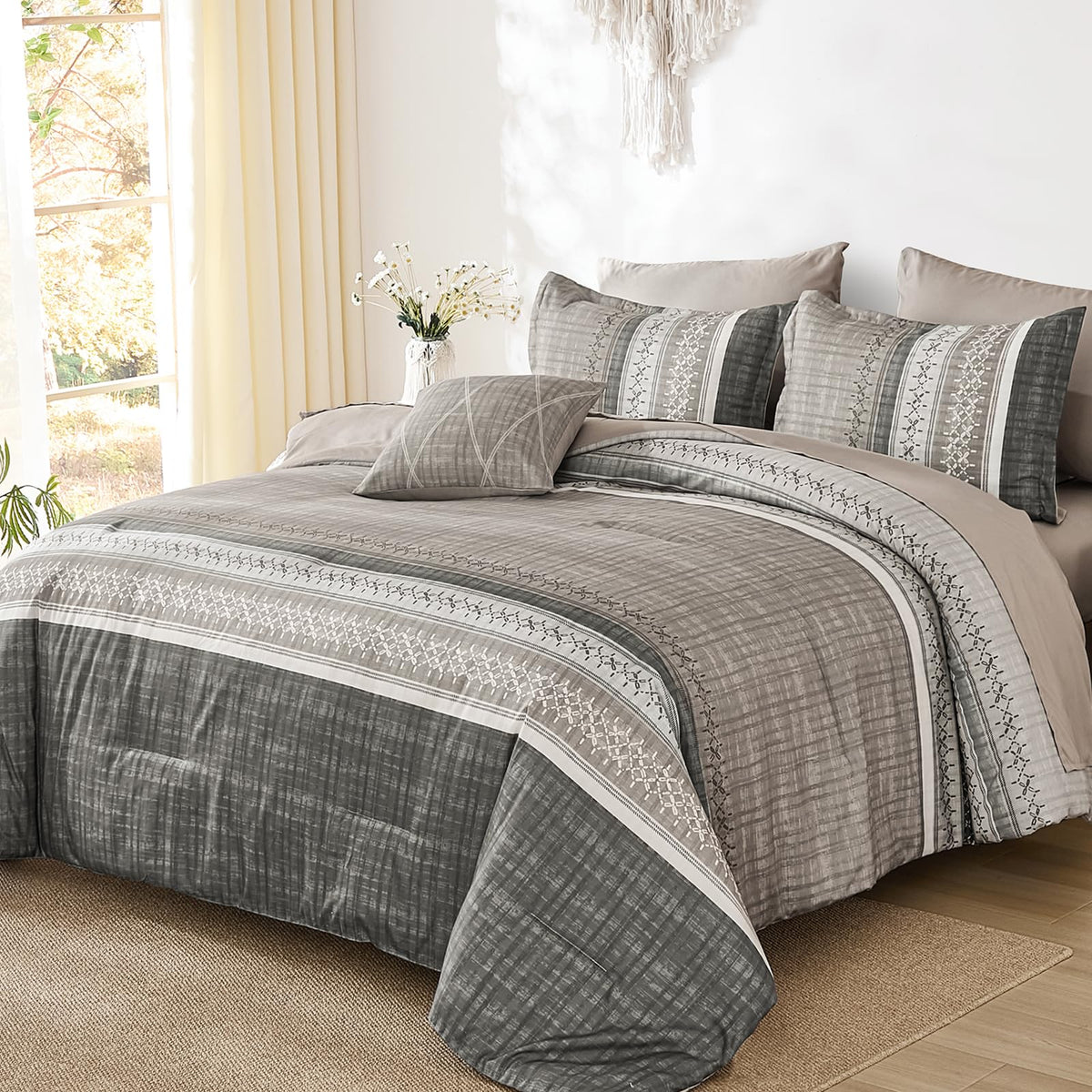 Dintszyayue Sage Green King Comforter Size Set, 8 Pieces Striped Boho Texture Bed in a Bag Sets, Lightweight Soft Bohemian Comforter and Sheet Set, All Season Microfiber Bedding Sets for Men Women