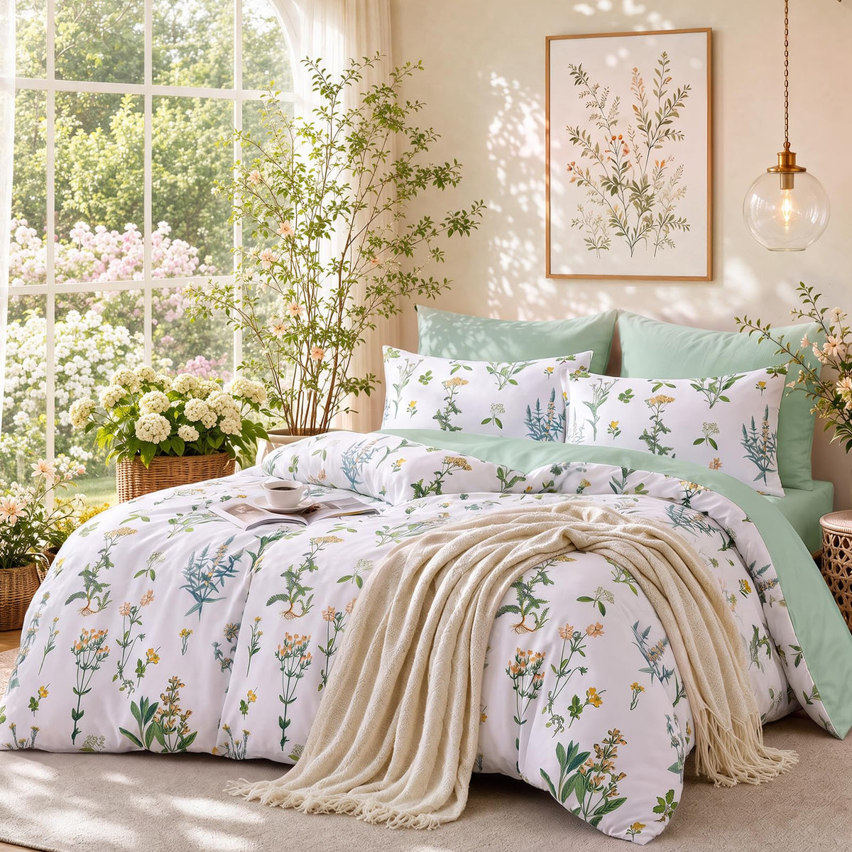 MUXHOMO Beige Full Comforter Set, Elegant Floral Print Bed in a Bag 7 Pieces, Ultra Soft & Breathable Reversible Botanical Pattern Bedding Set with Comforter, Sheets, Pillowcases, and Shams