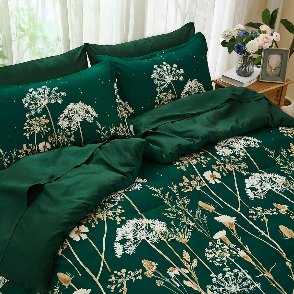Yiran Queen Comforter Set, 7 Piece Floral Dark Green Bedding Set, Dandelion Botanical Bed in a Bag Queen, Soft Microfiber Complete Bedding Set with Comforter, Sheets, Pillowcases & Shams