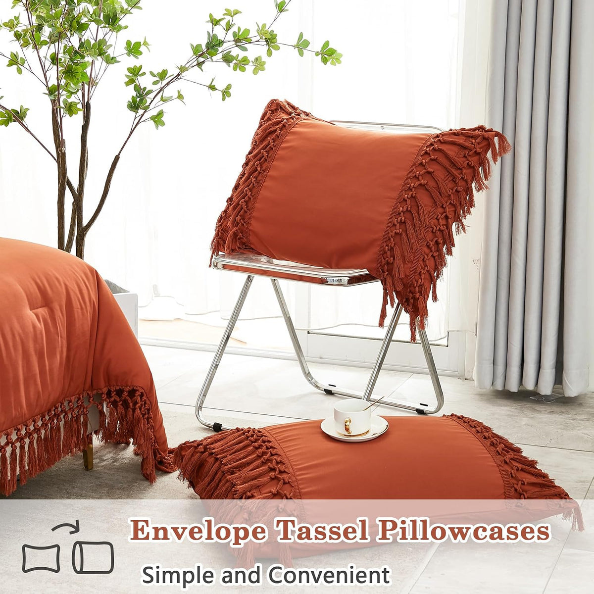 Andency Terracotta Comforter Set Queen, 3 Pieces Boho Tassel Bedding
