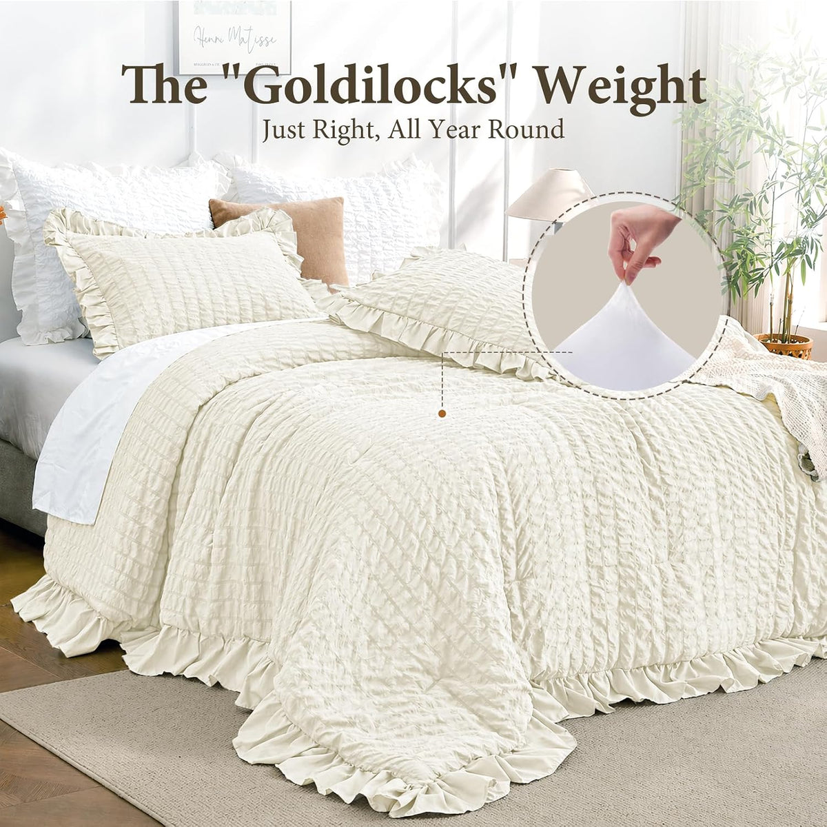 JOLLYVOGUE Ivory Comforter Full Size, 3 Pieces Seersucker Lightweight Full Size Bedding, All Season Fluffy Microfiber Bedding Comforter Set with 1 Ruffle Comforter and 2 Ruffle Pillowshams