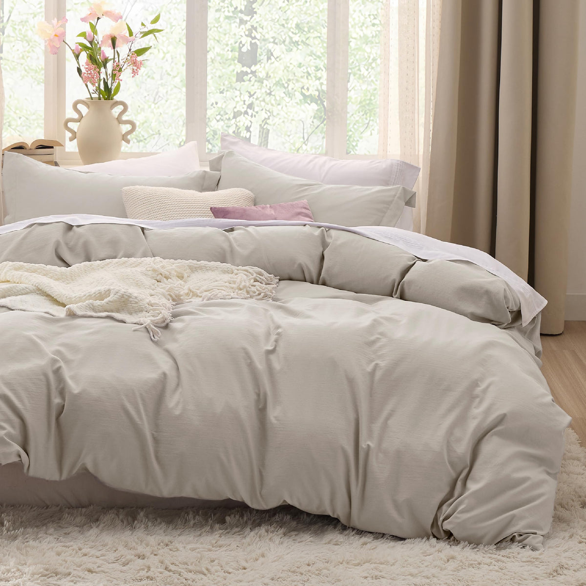 Bedsure Prewashed Duvet Cover Queen, Cotton-Like Soft Bedding Set, Beige