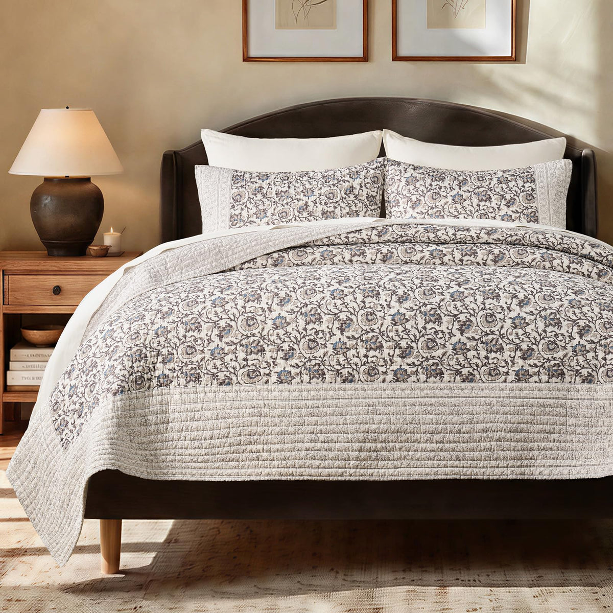EverGrace 100% Cotton Floral Quilt Set, King Size, Sage Green 108"×96"