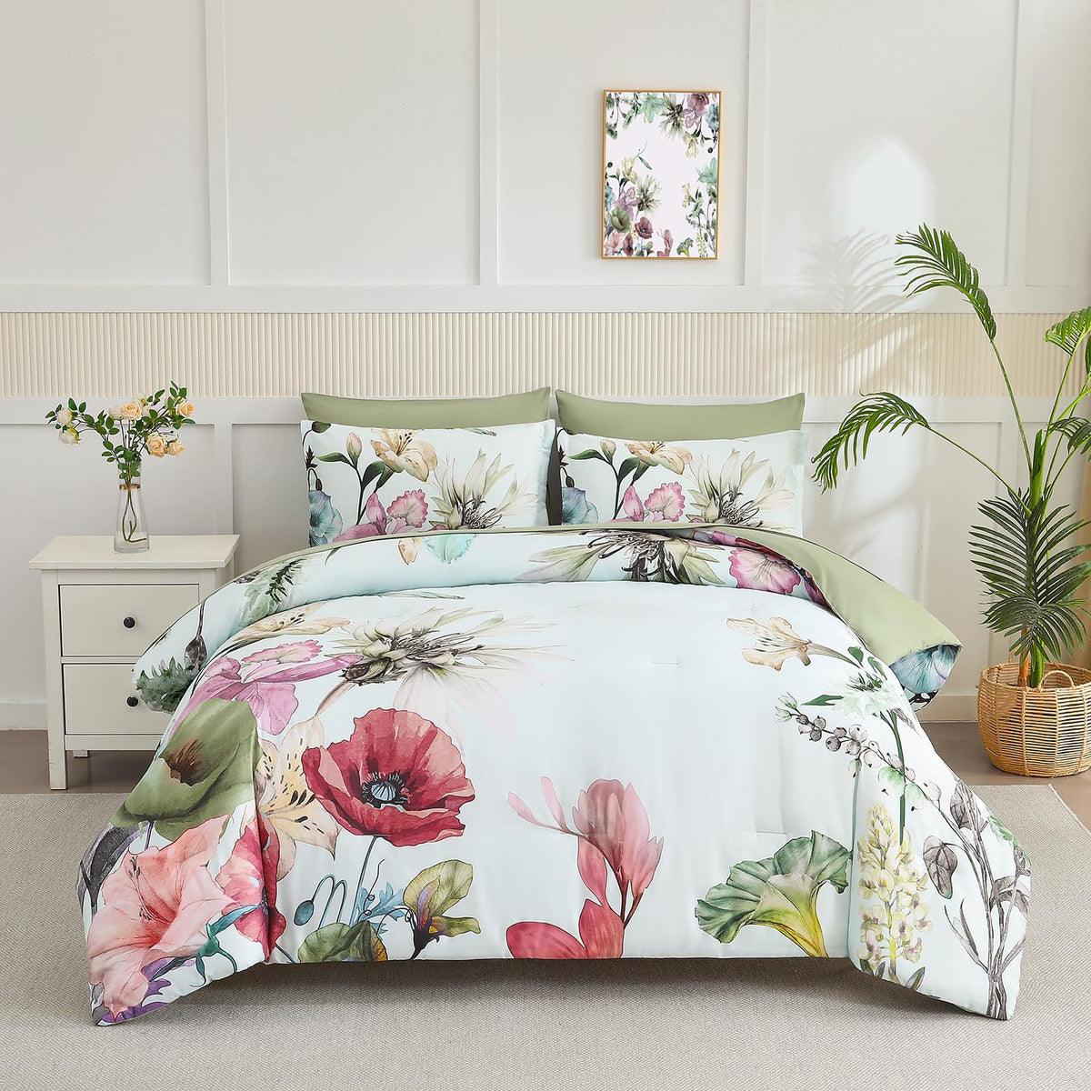 Yogeneg 7 Piece Bed in a Bag Queen Comforter Set Botanical Floral Bedding Set,White Flowers Leaves Printed on Black Reversible Design,Soft Microfiber Comforter with Sheet Set,All Season