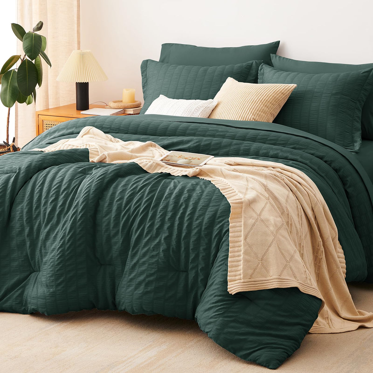 CozyLux Queen Comforter Set, 7 Pieces Beige Seersucker Bed in a Bag