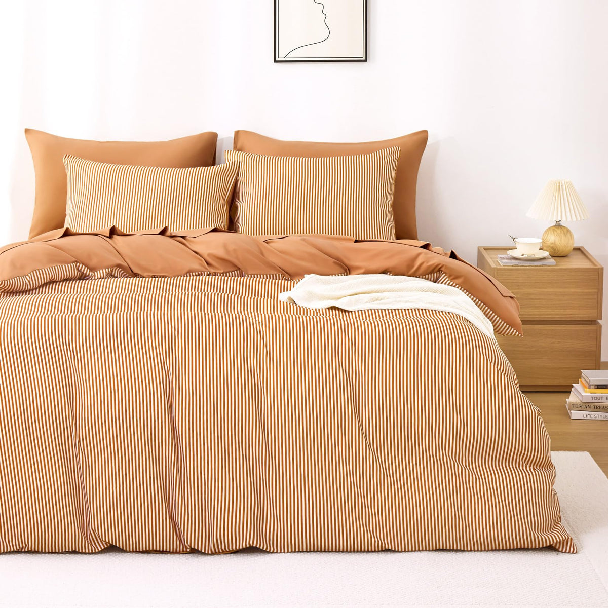 Wake In Cloud - Striped Comforter Set, Ticking Stripe Vertical Pinstripe Neutral Farmhouse Pattern Printed, Soft Lightweight Bedding, 3 Pieces, Olive Green White, King Size