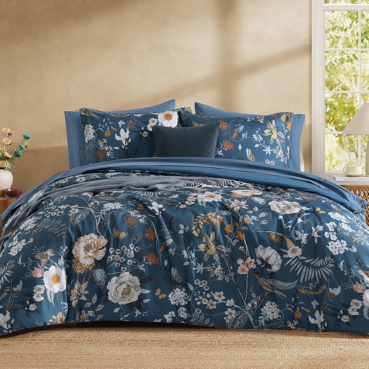 Queen Comforter Set - 7 Pieces Soft Floral Bed in a Bag Queen Bedding Sets