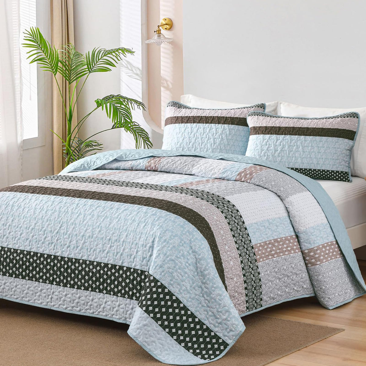 WONGS BEDDING Beige Quilt Queen Size, Boho Striped Bedspread