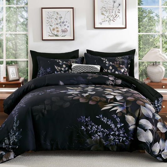 Xruibed Black Comforter Set King Size 7 Pieces Leaf Bed in a Bag Set