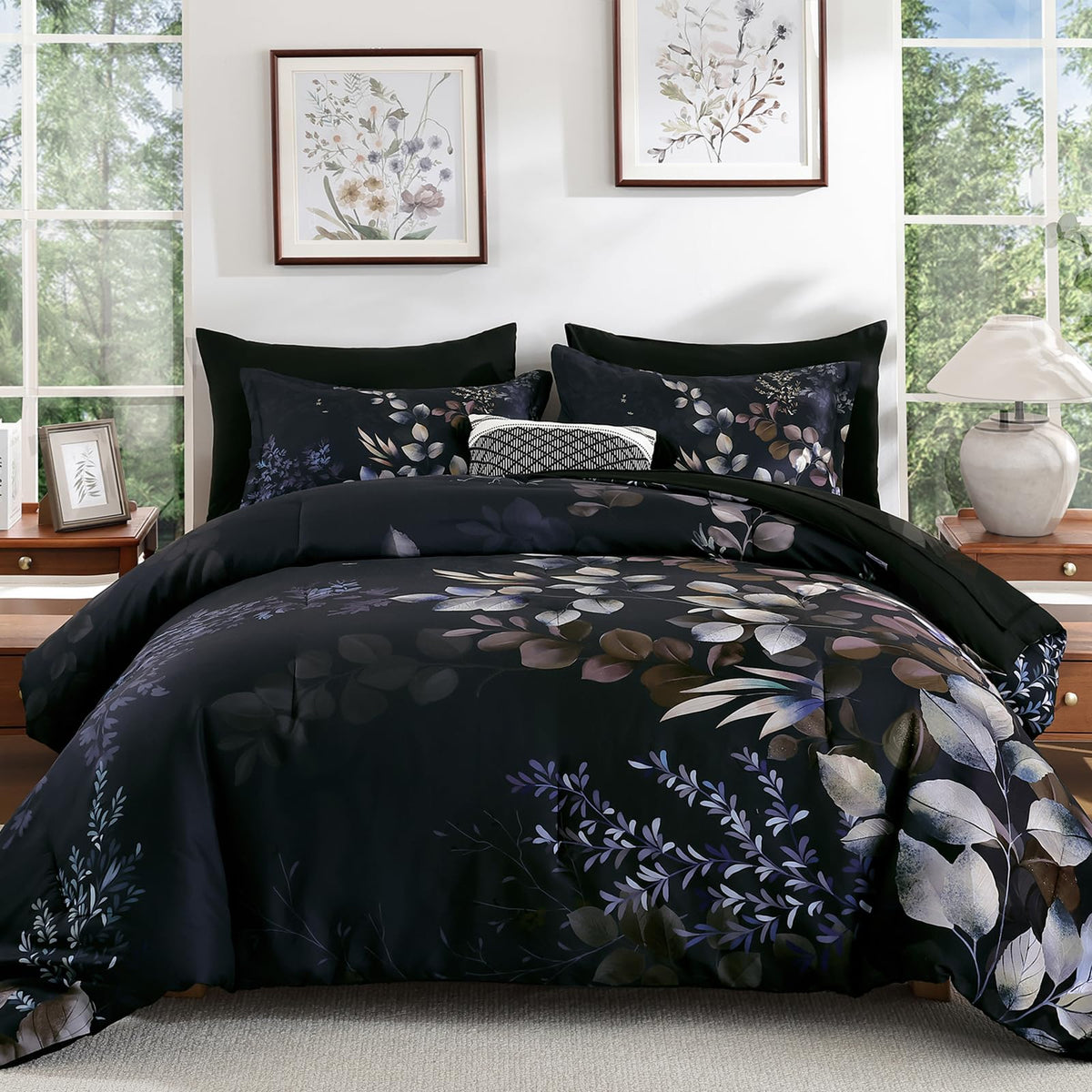 Xruibed Black Comforter Set King Size 7 Pieces Leaf Bed in a Bag Set
