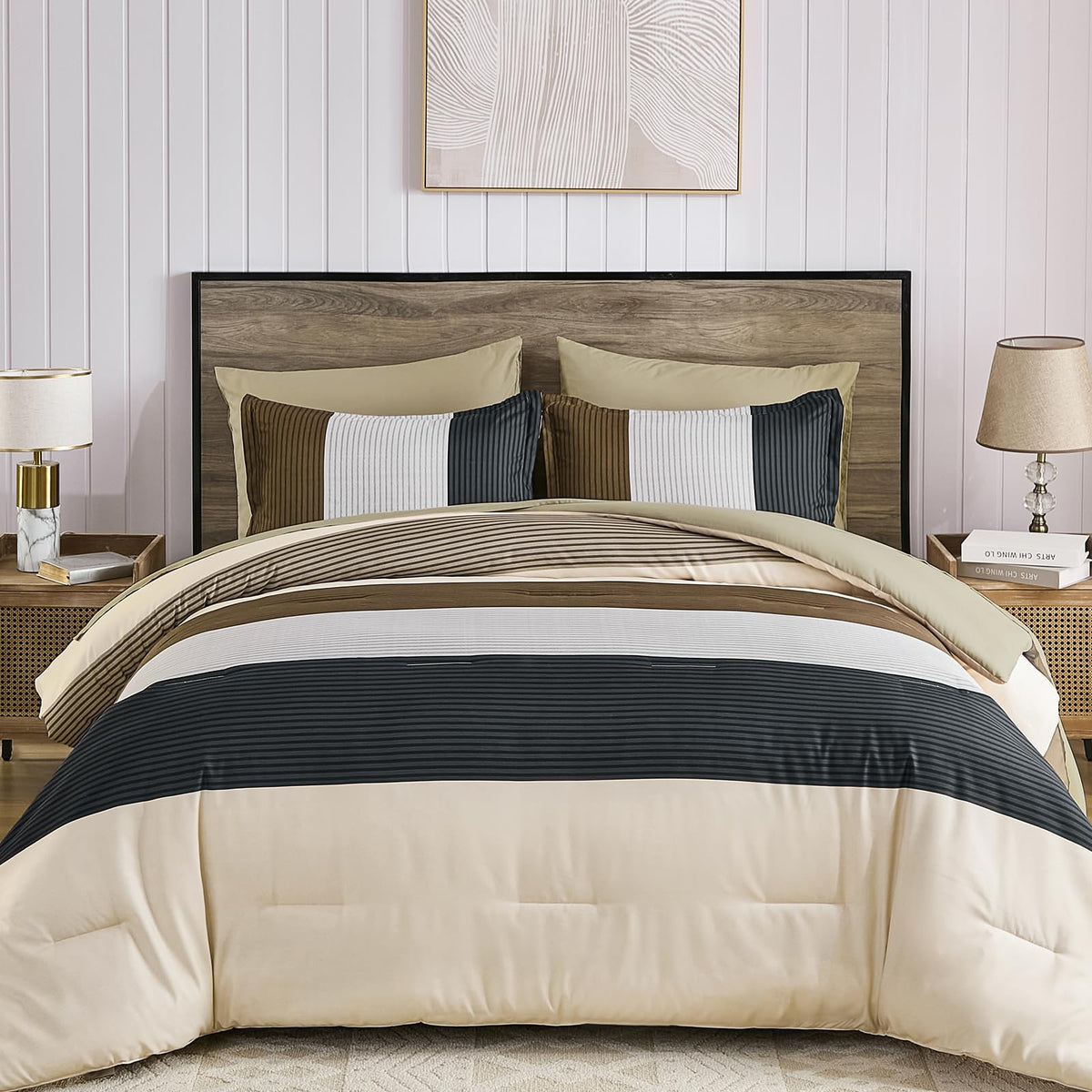 Anibedding Striped Comforter Set Queen Size, Boho Brown Green Striped Bedding Comforter Set 7 Piece Bed in a Bag, Soft Microfiber Down Alternative Farmhouse Bedding Set for All Season(90"x90")