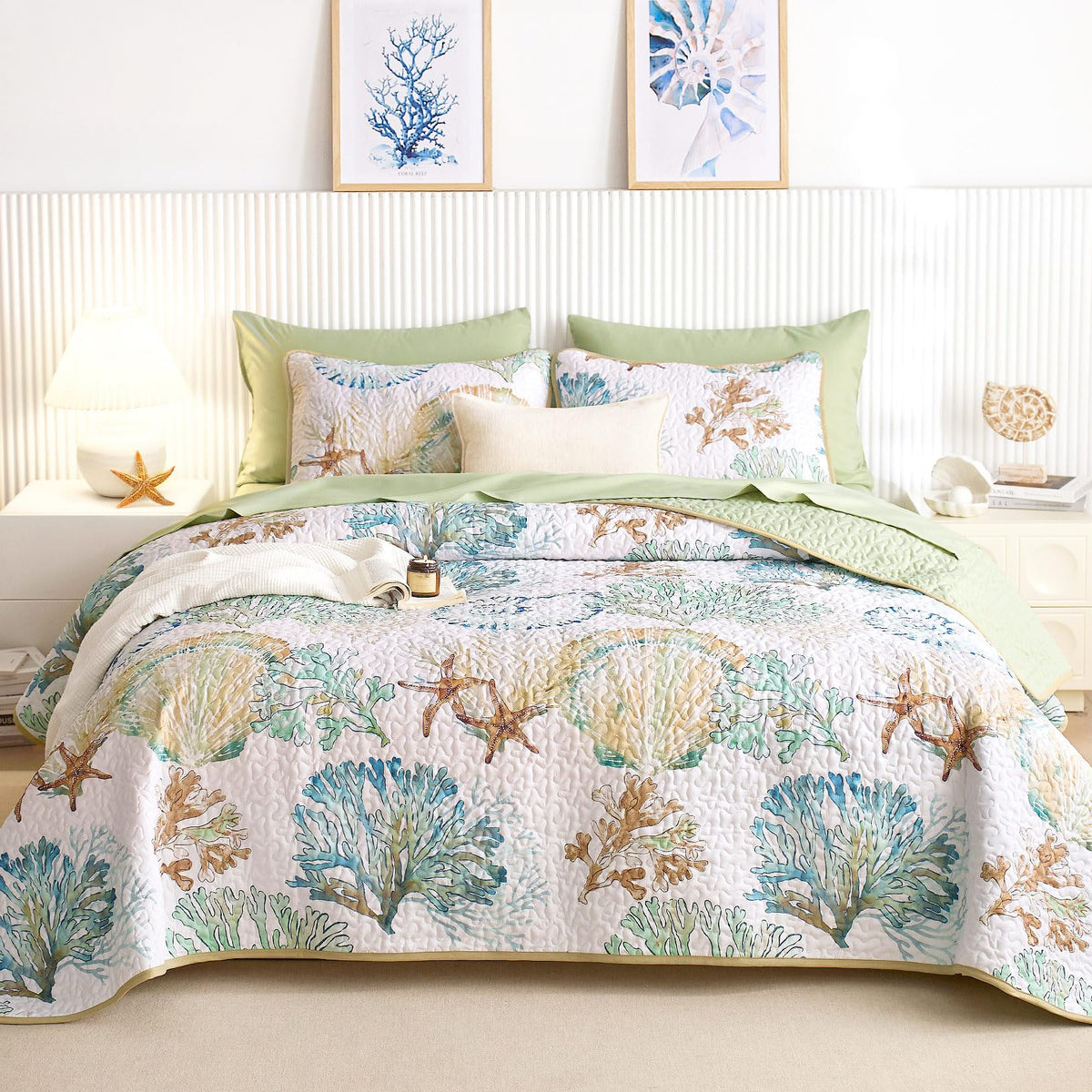 Wake In Cloud - Coastal Quilt Set, Nautical Ocean Beach Themed Tropical Summer Patterned, Reversible Lightweight Bedspread Coverlet, 3 Pieces, Aqua Turquoise, Queen/Full Size