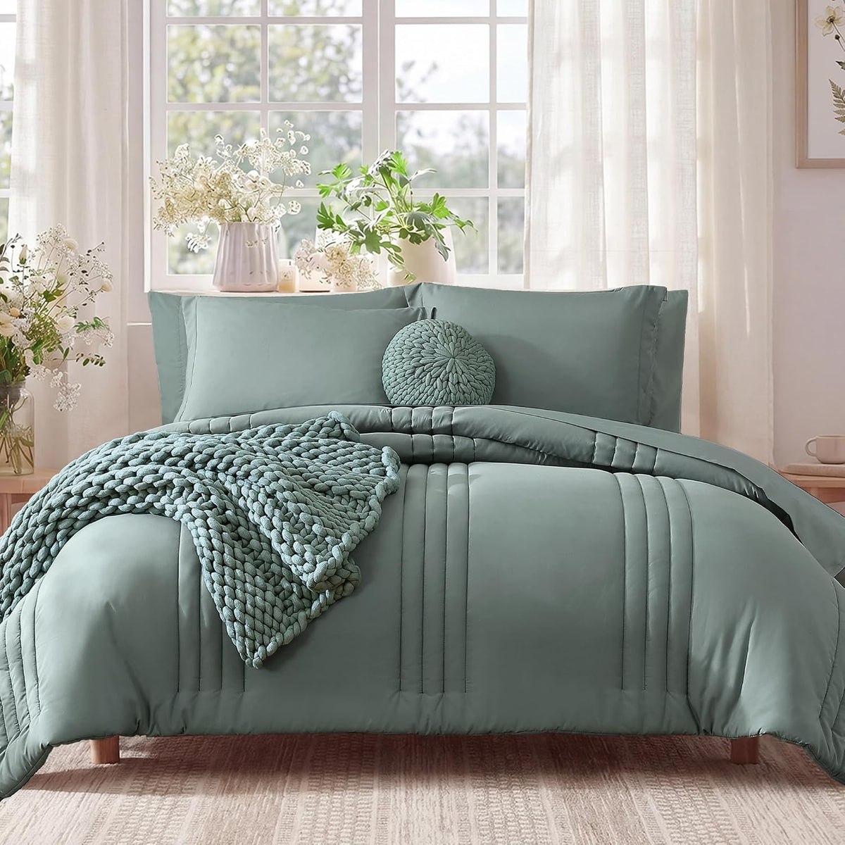 Full Size Comforter Sets-7 Pieces Sage Soft Bed in a Bag Full Bedding Sets
