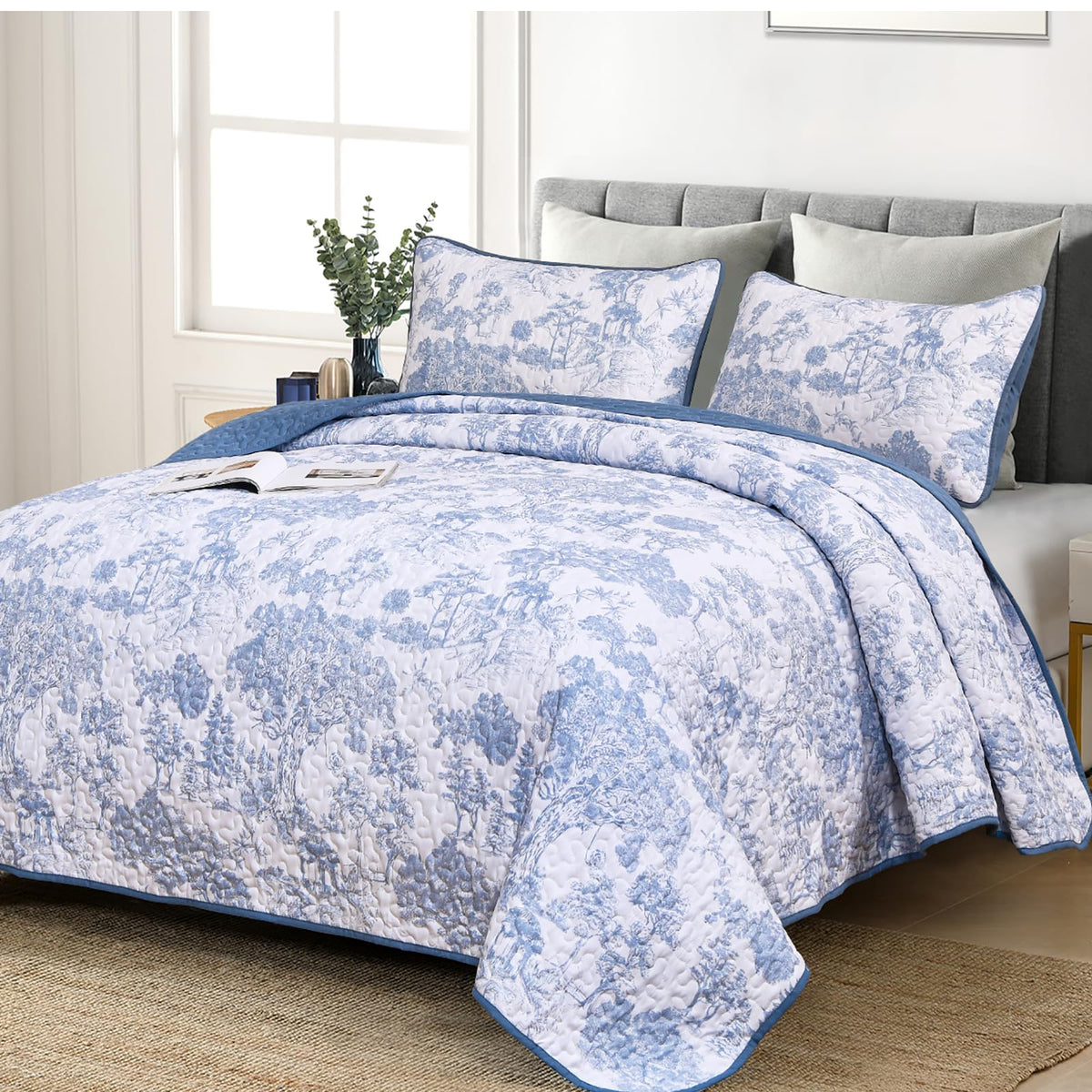 WONGS BEDDING Sage Green Quilt Set Queen Size, Botanical Floral Bedspread