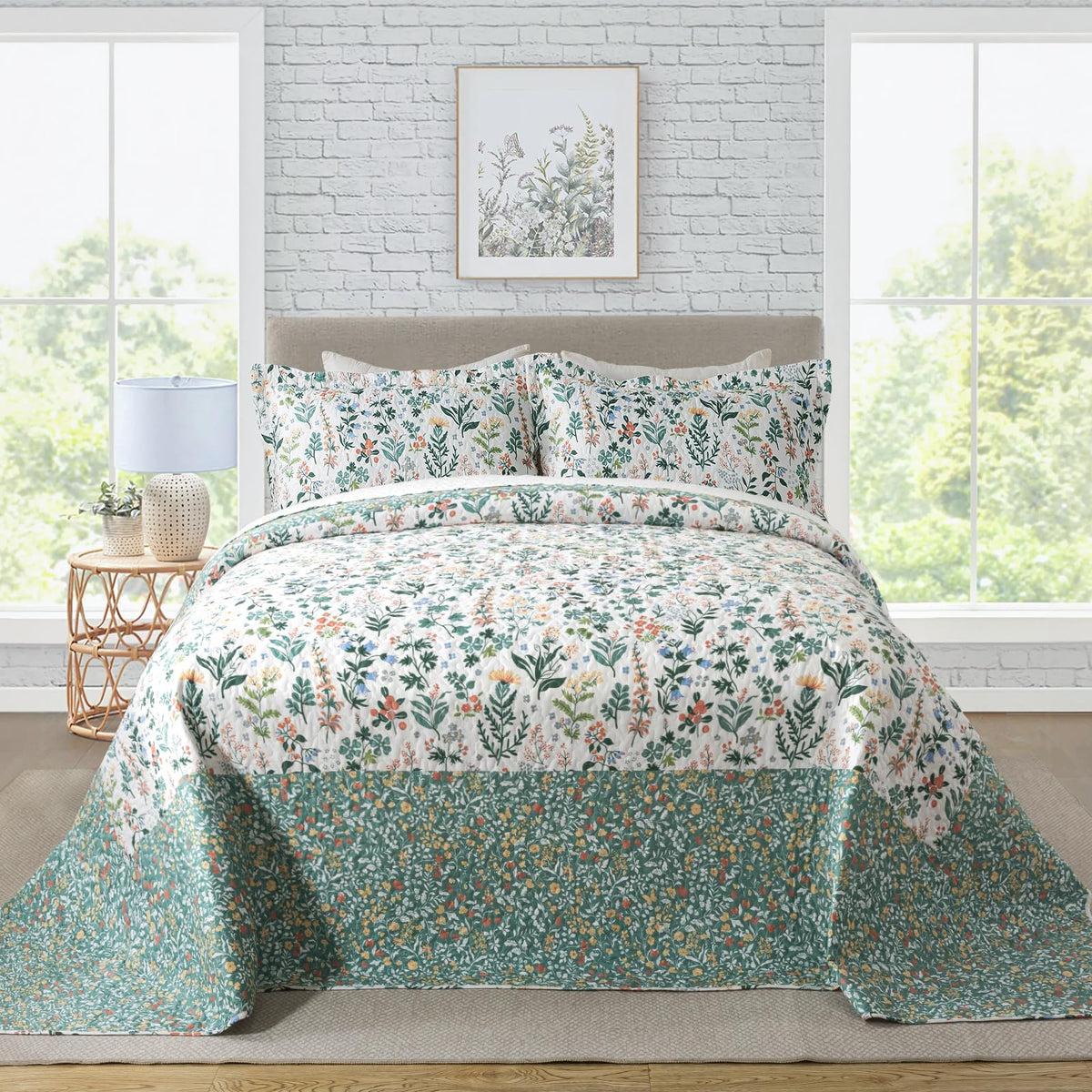 Travan 3-Piece Quilt Set Quilted Bedspread Lightweight Coverlet Set Garden Style Floral Printed Oversized Quilted Bedding Set with Shams for All Season, Exquisite, Queen Size