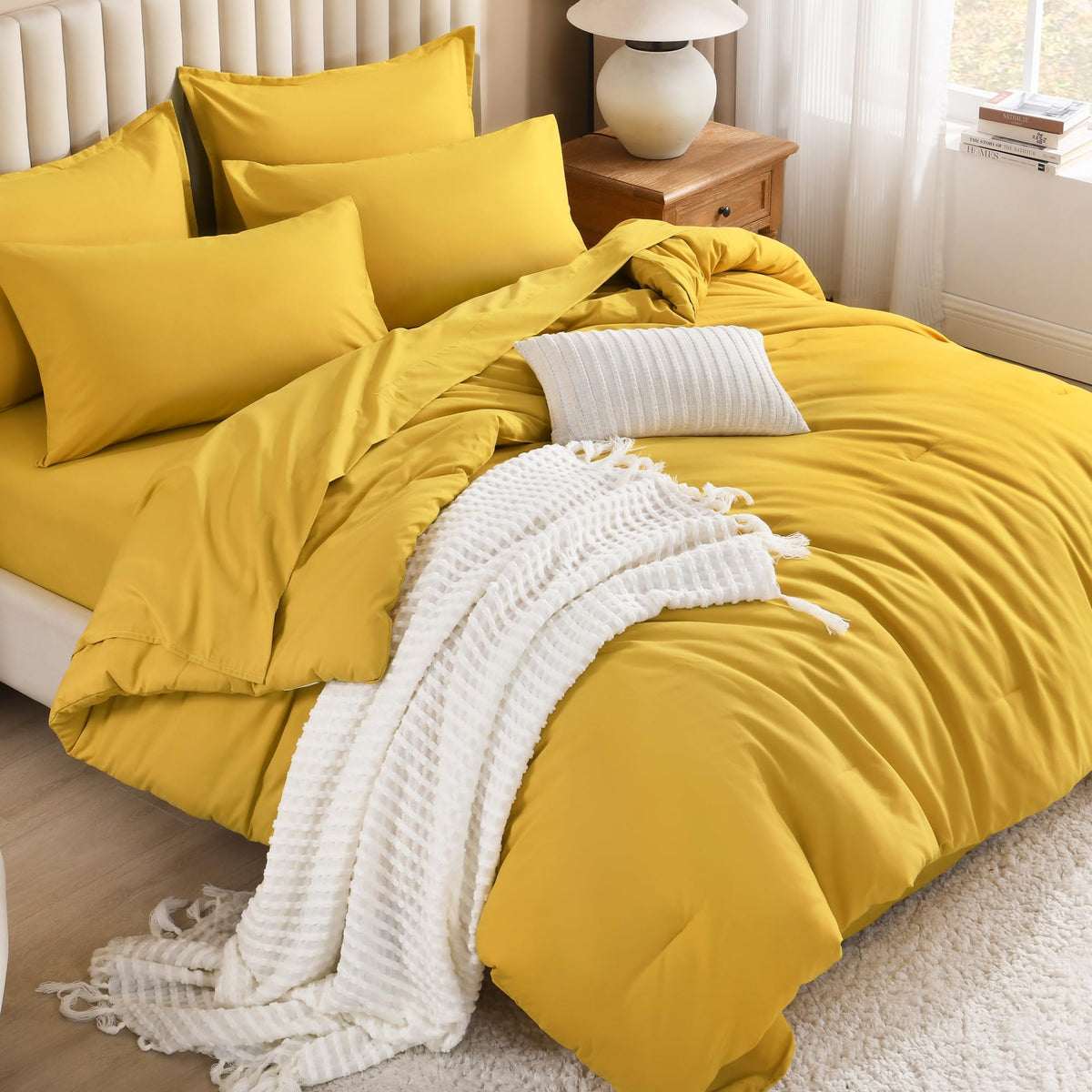Litanika King Comforter Set with Sheets Beige - 7 Pieces Solid Bed in a Bag